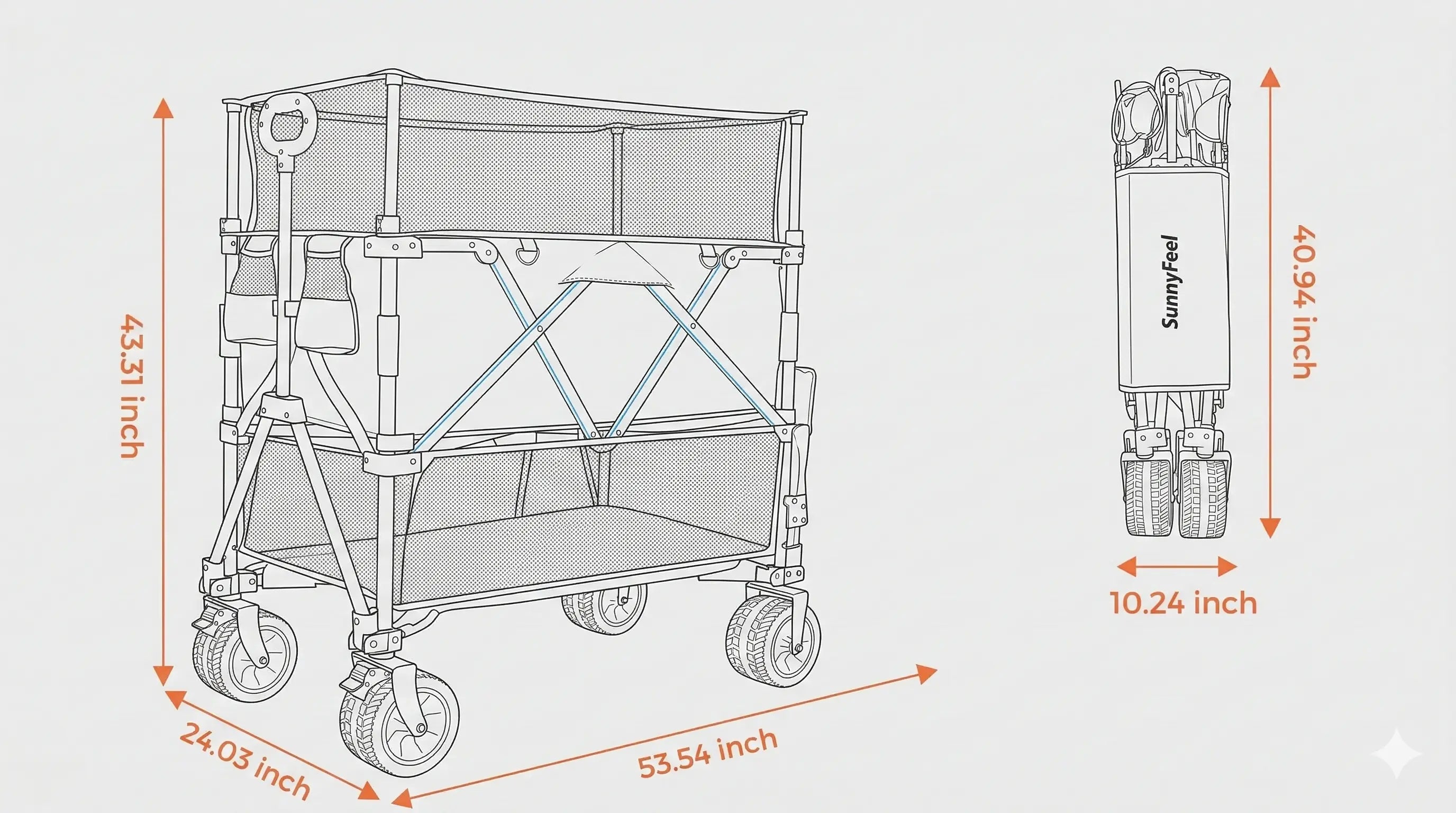 Illustration of a folding cart with dimensions labeled on a white background
