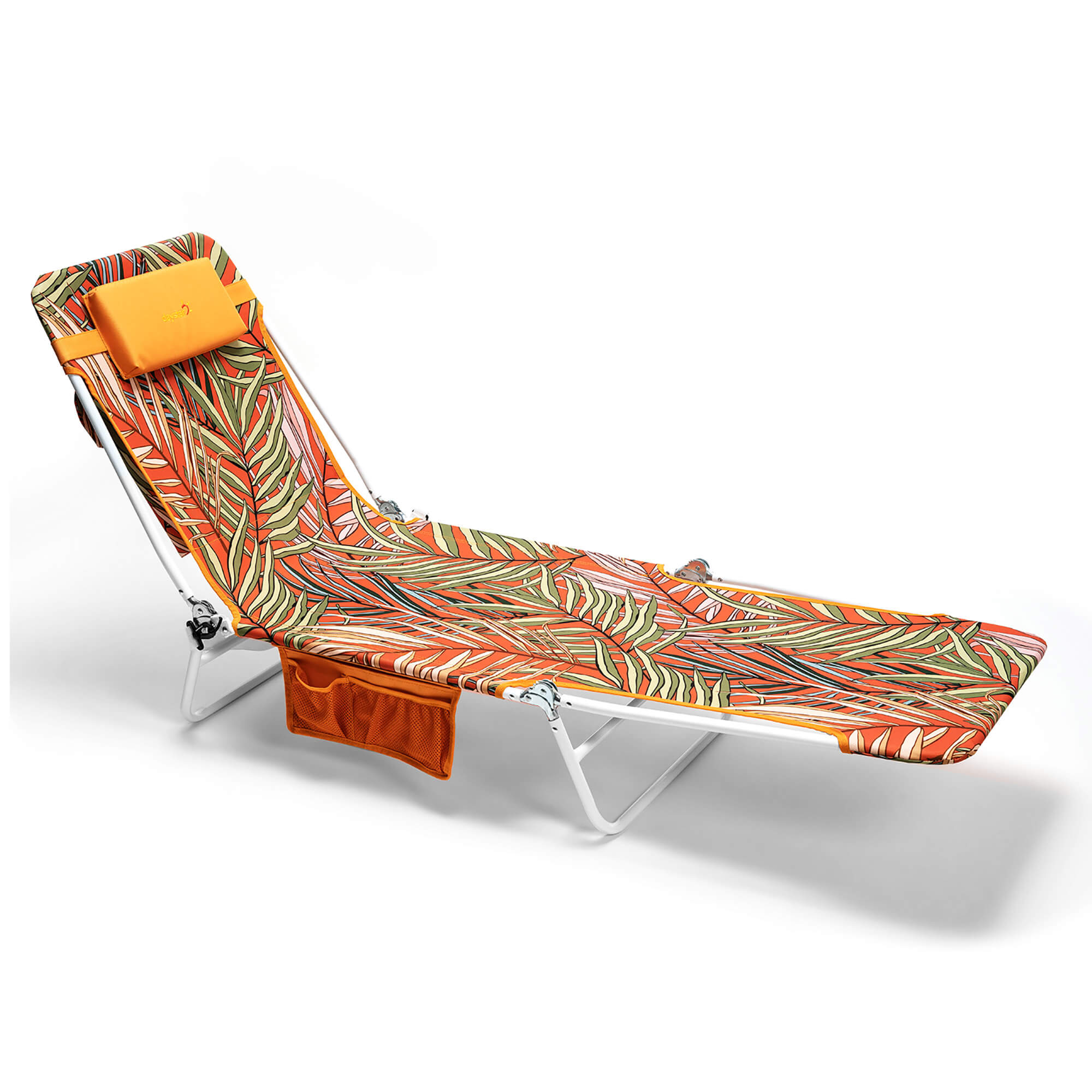 Foldable beach chair with a colorful leaf pattern on a white background
