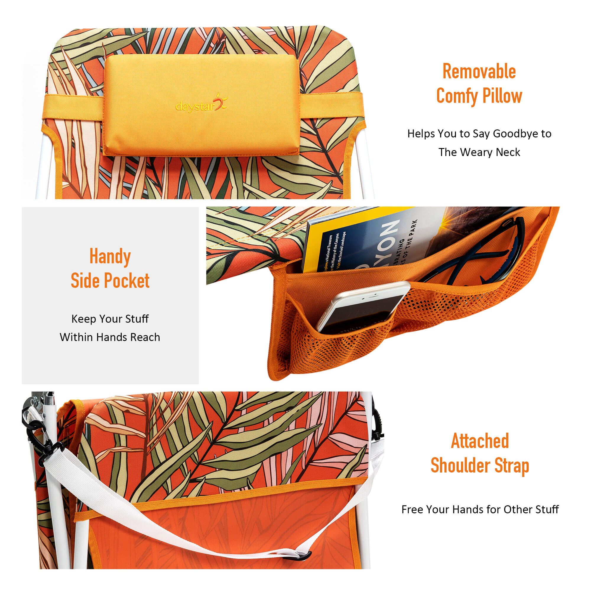 Orange bag with leaf pattern, yellow pillow, and white strap on a white background