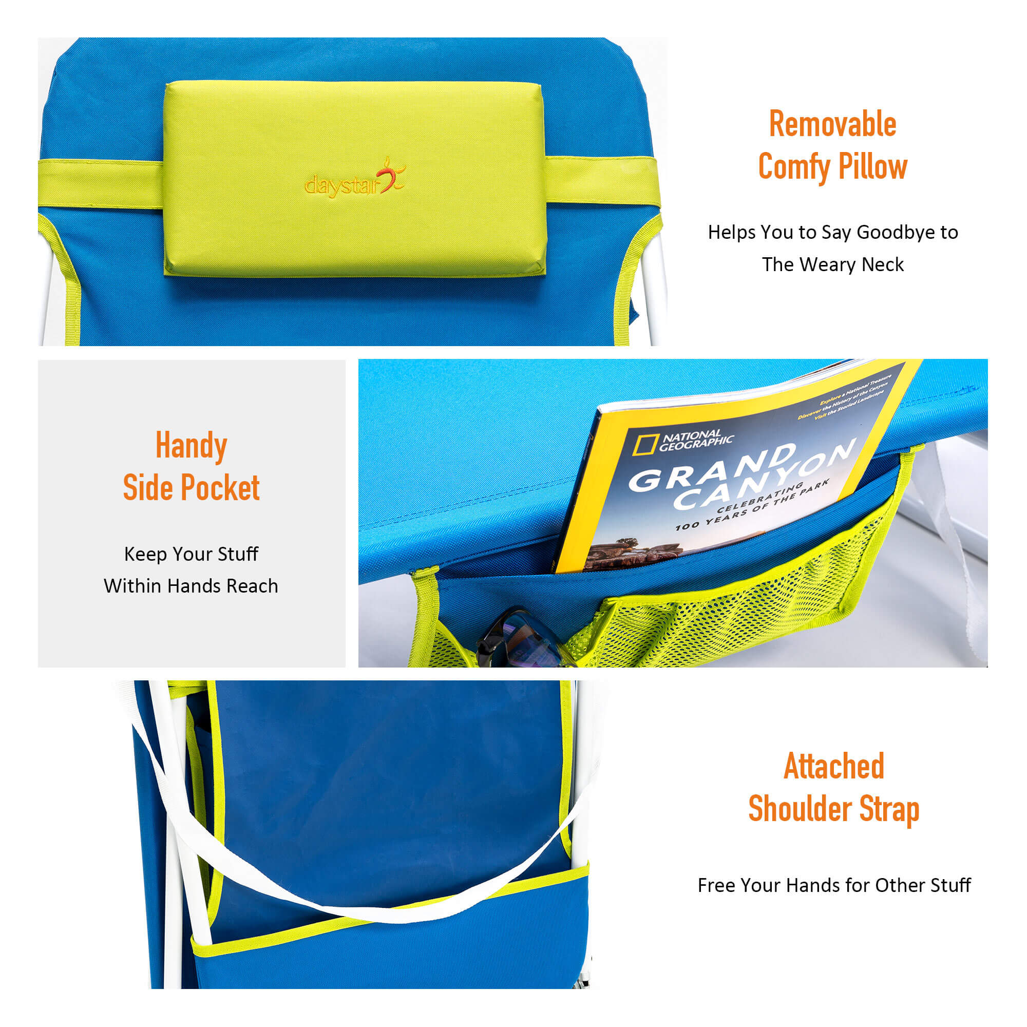 Blue and green travel bag with features highlighted on a white background