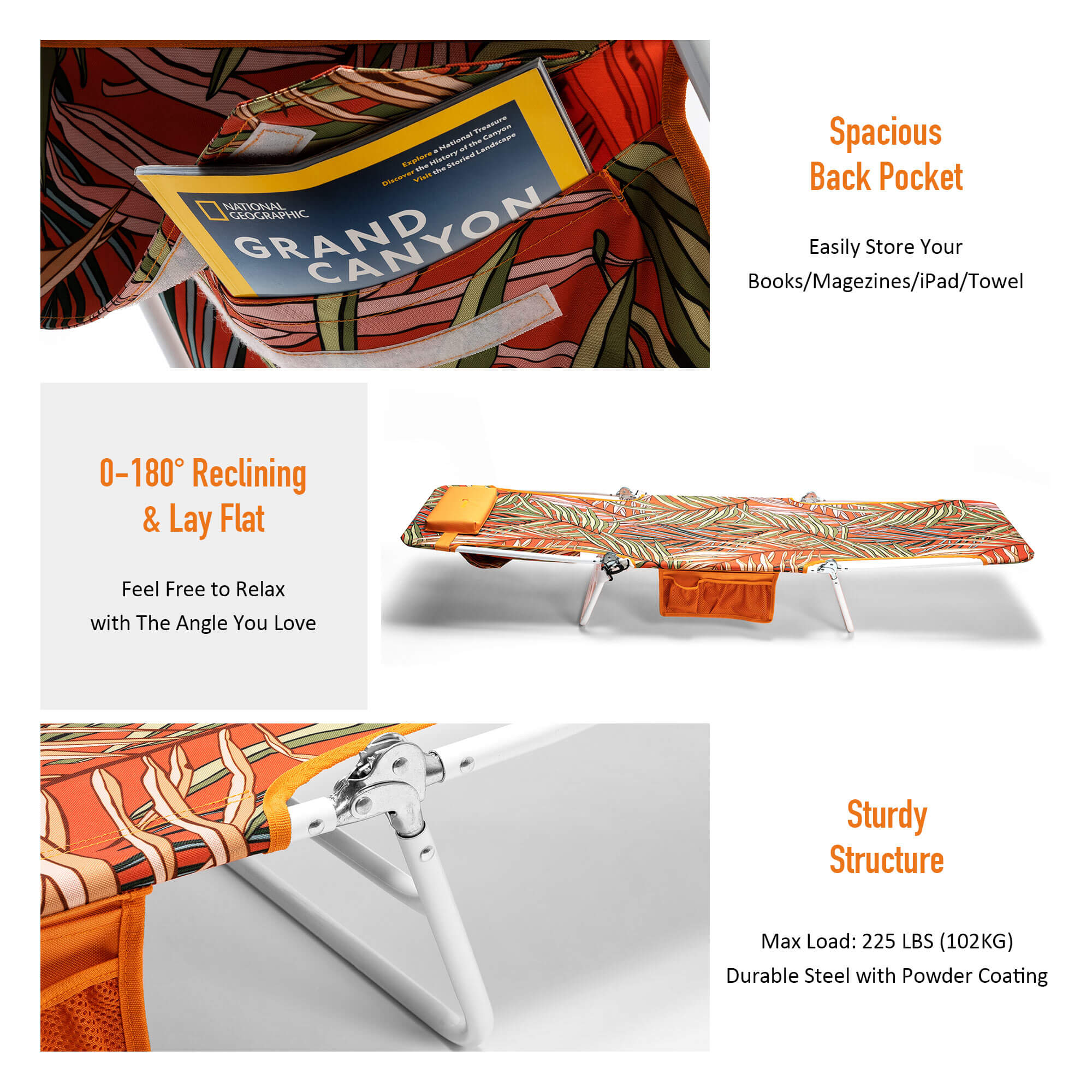 Foldable camping cot with colorful design and text highlighting features on a white background