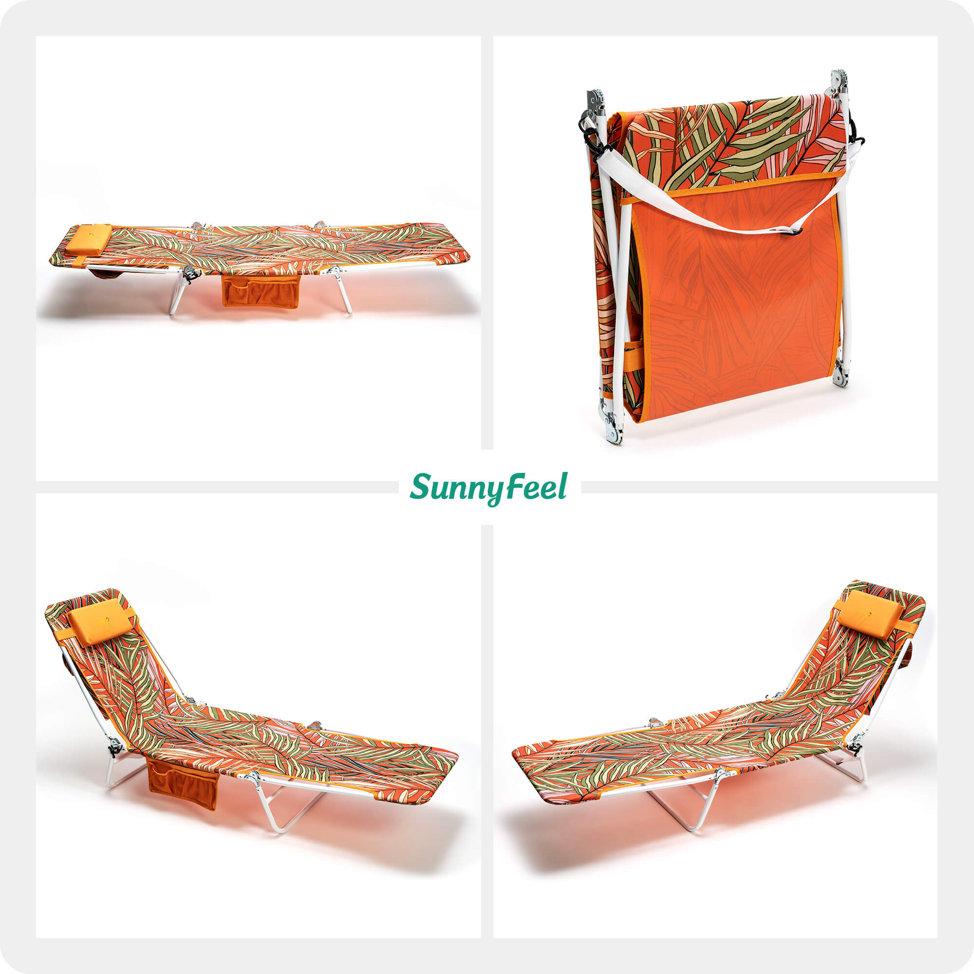 Collage of a folding beach chair with leaf pattern and 'SunnyFeel' branding.