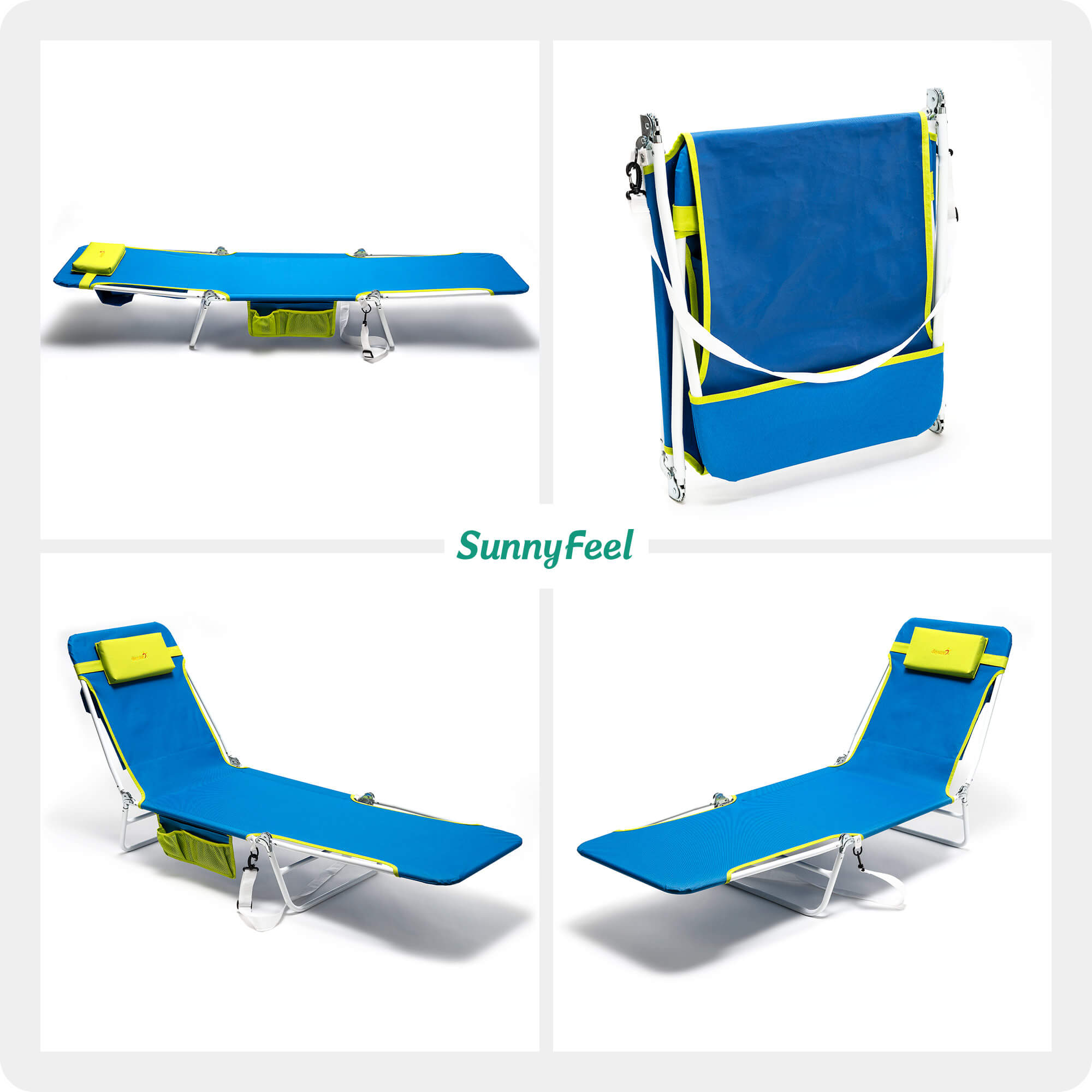 Collapsible blue beach chair with yellow accents and carrying bag on a white background, featuring the SunnyFeel brand.