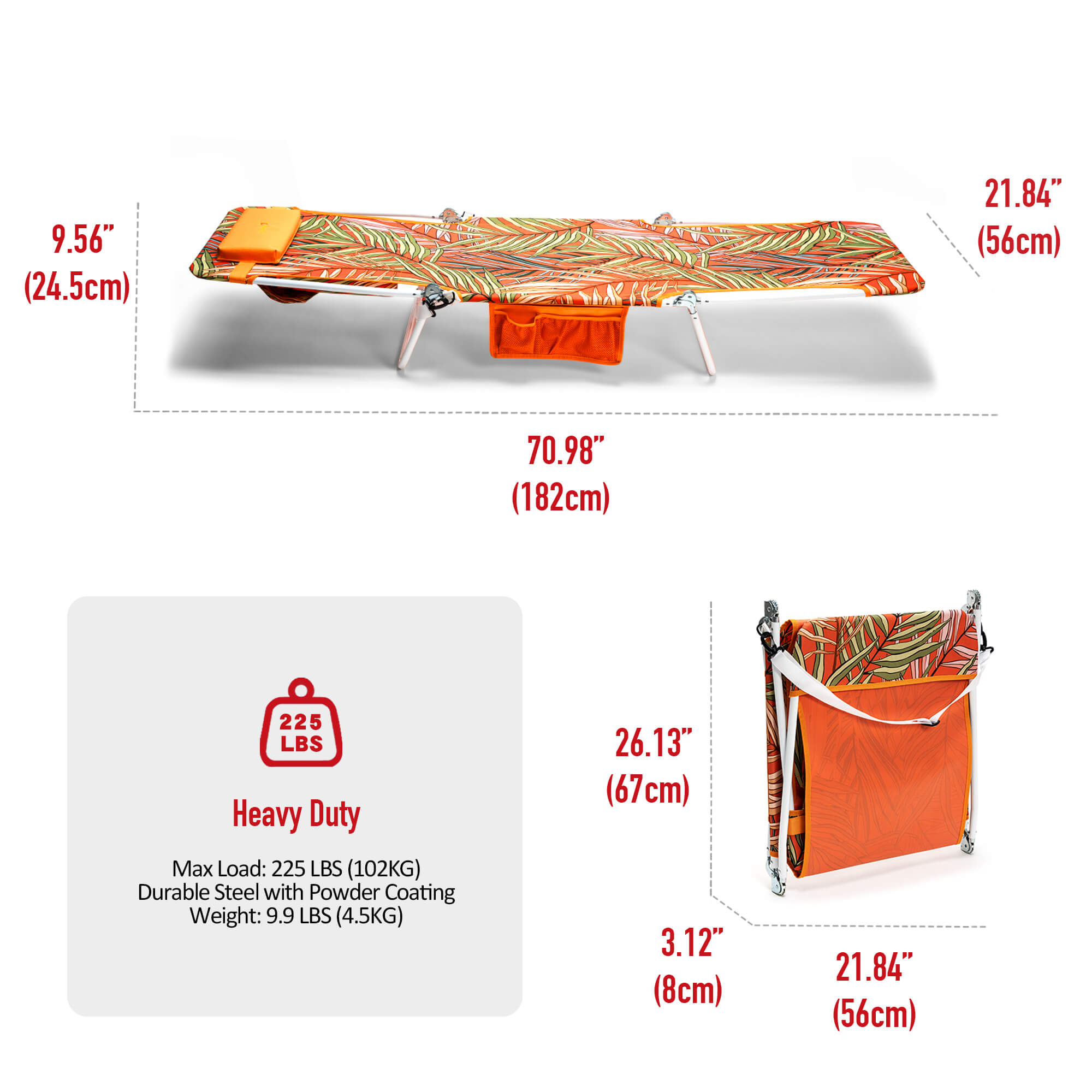 Camping cot with dimensions and weight capacity details on a white background