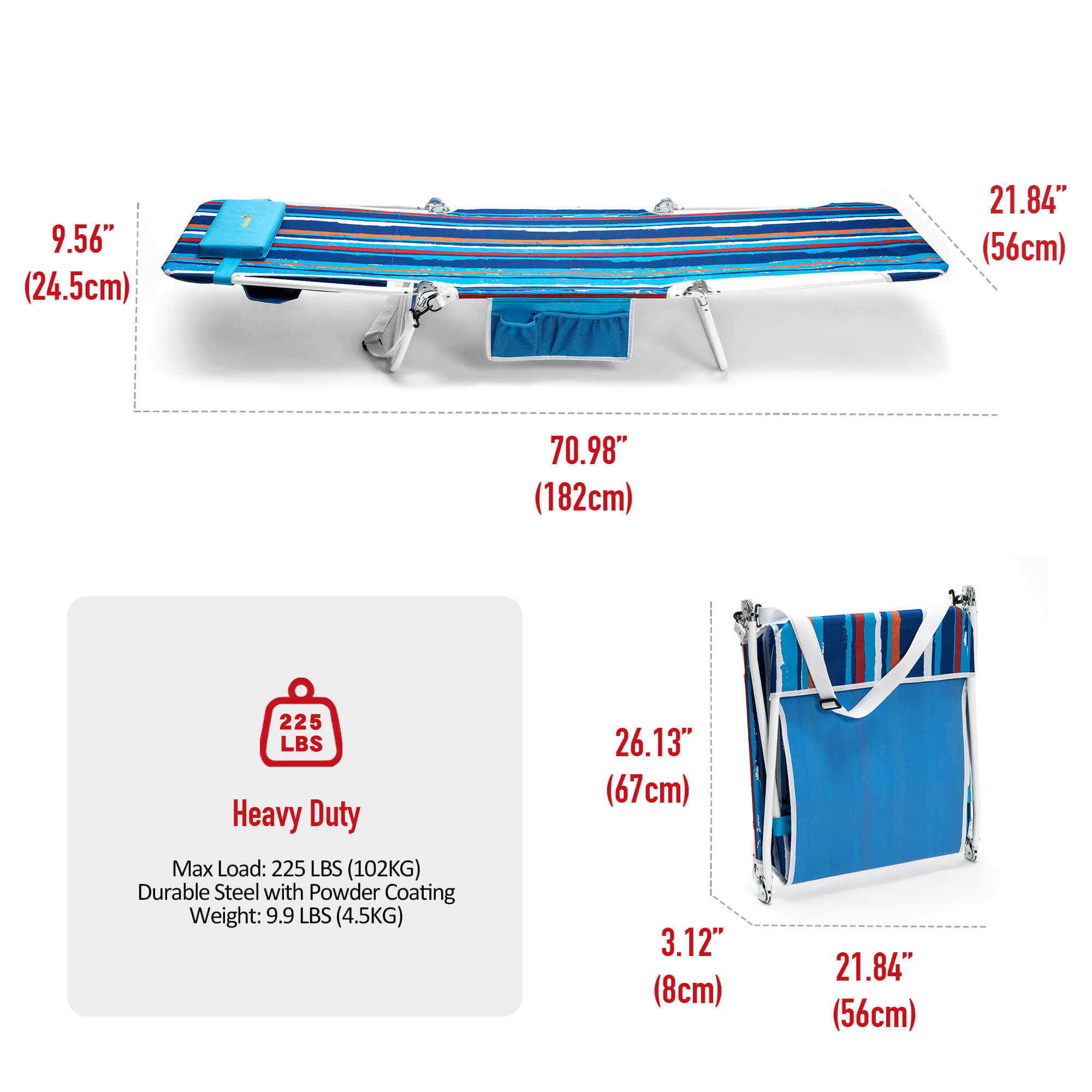 Foldable chair with measurements and specifications on a white background