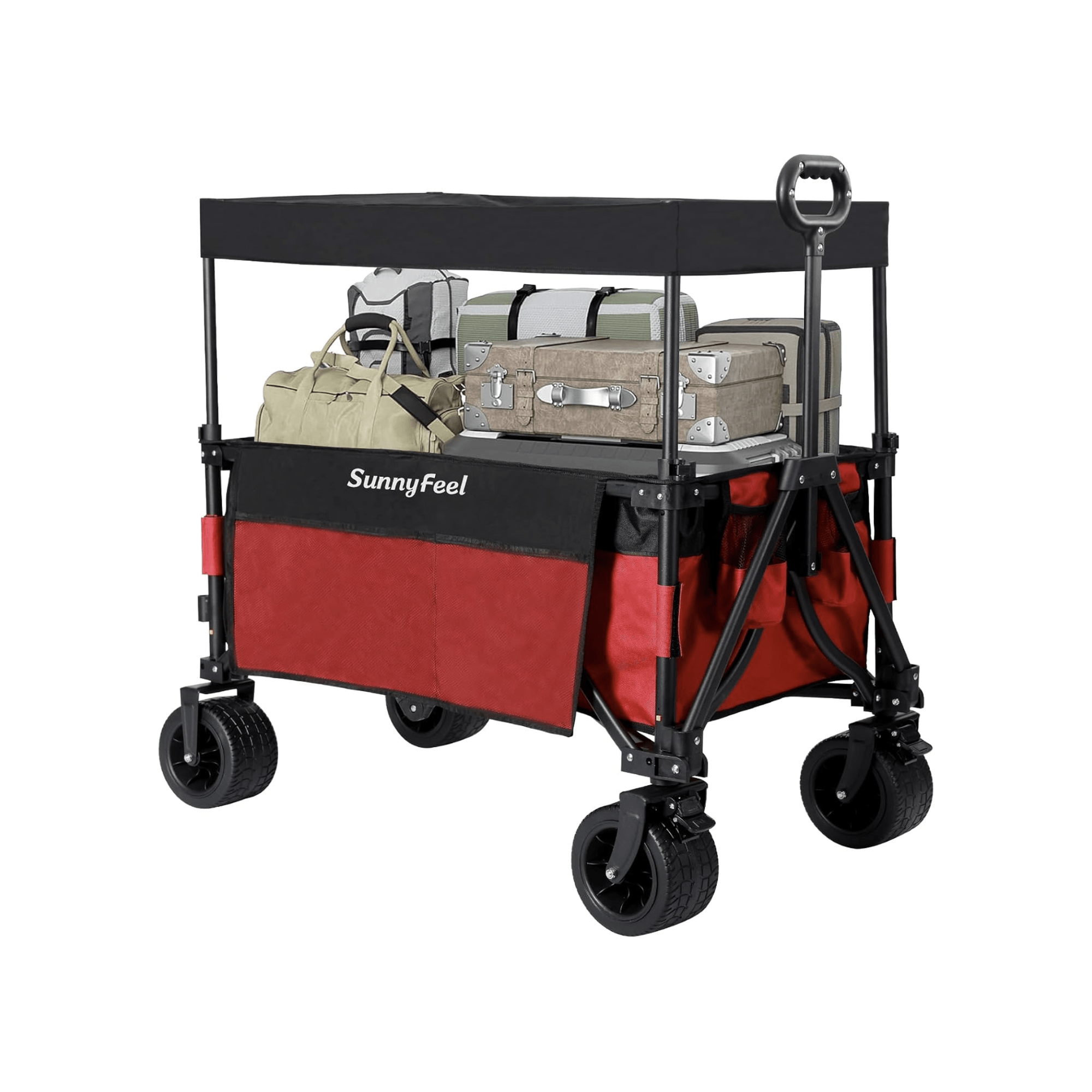 Black and red SunnyFeel wagon with folded chairs on a white background