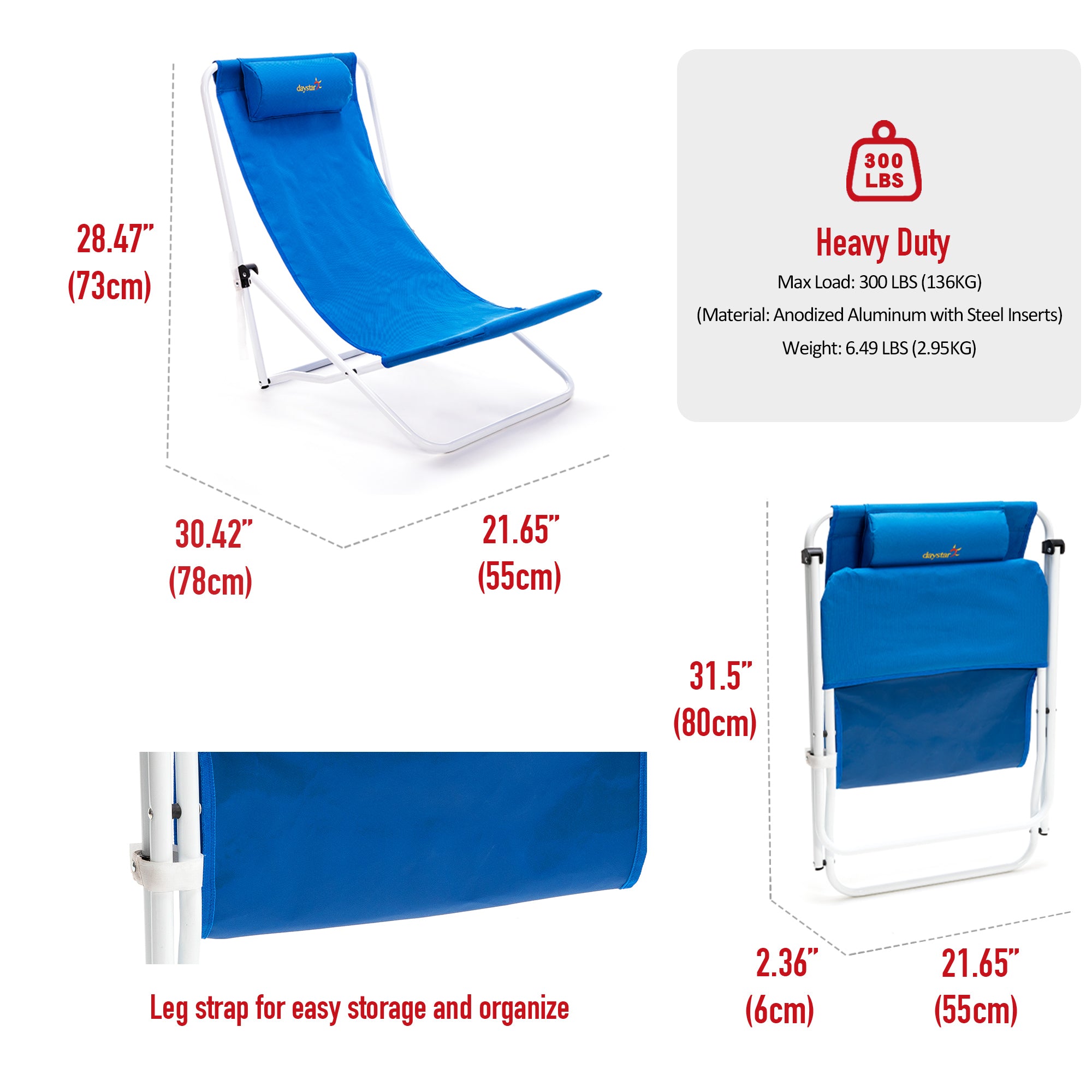 Blue lounge chair with measurements and specifications on a white background