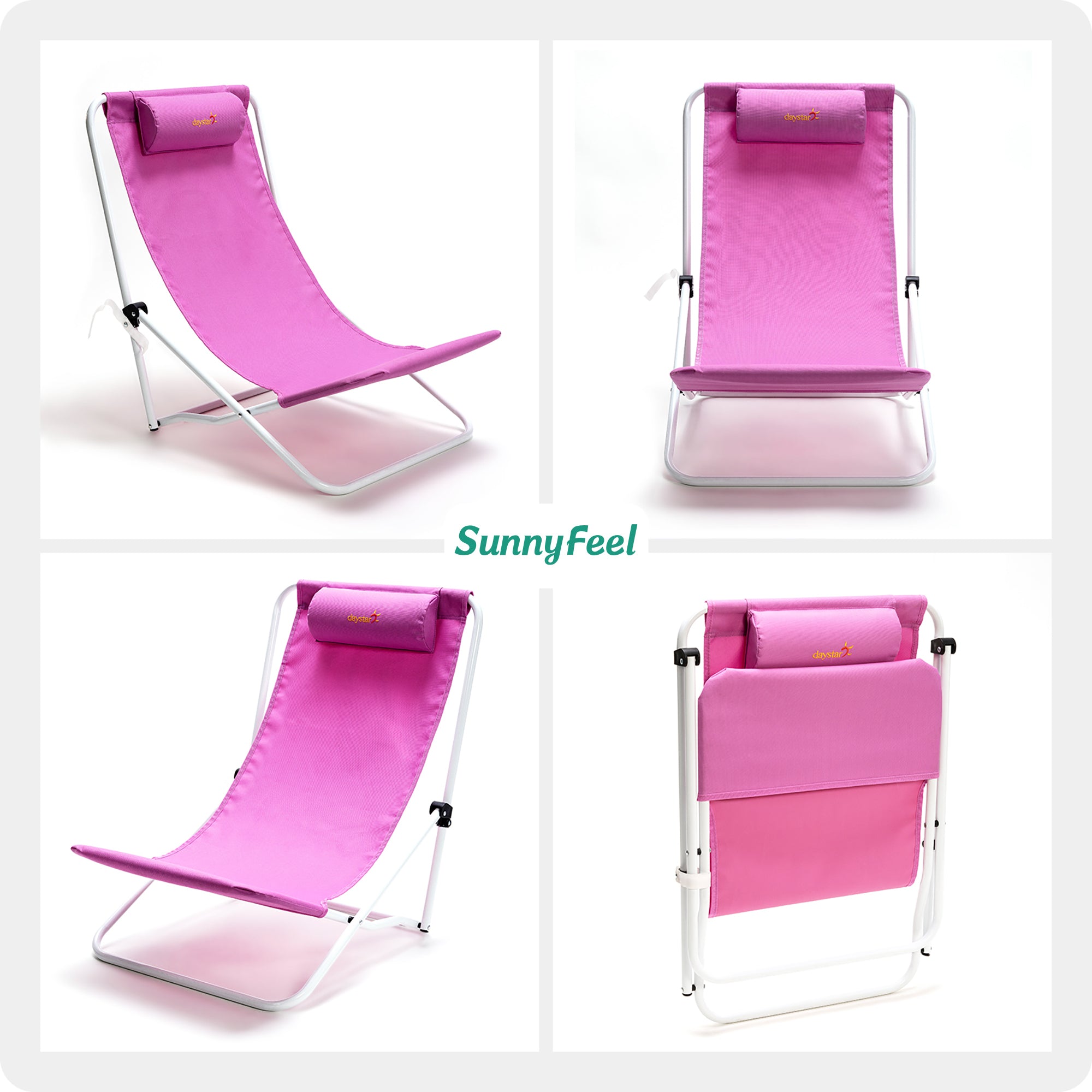 SUNNYFEEL Lightweight Low Beach Chair with High Back & Pillow