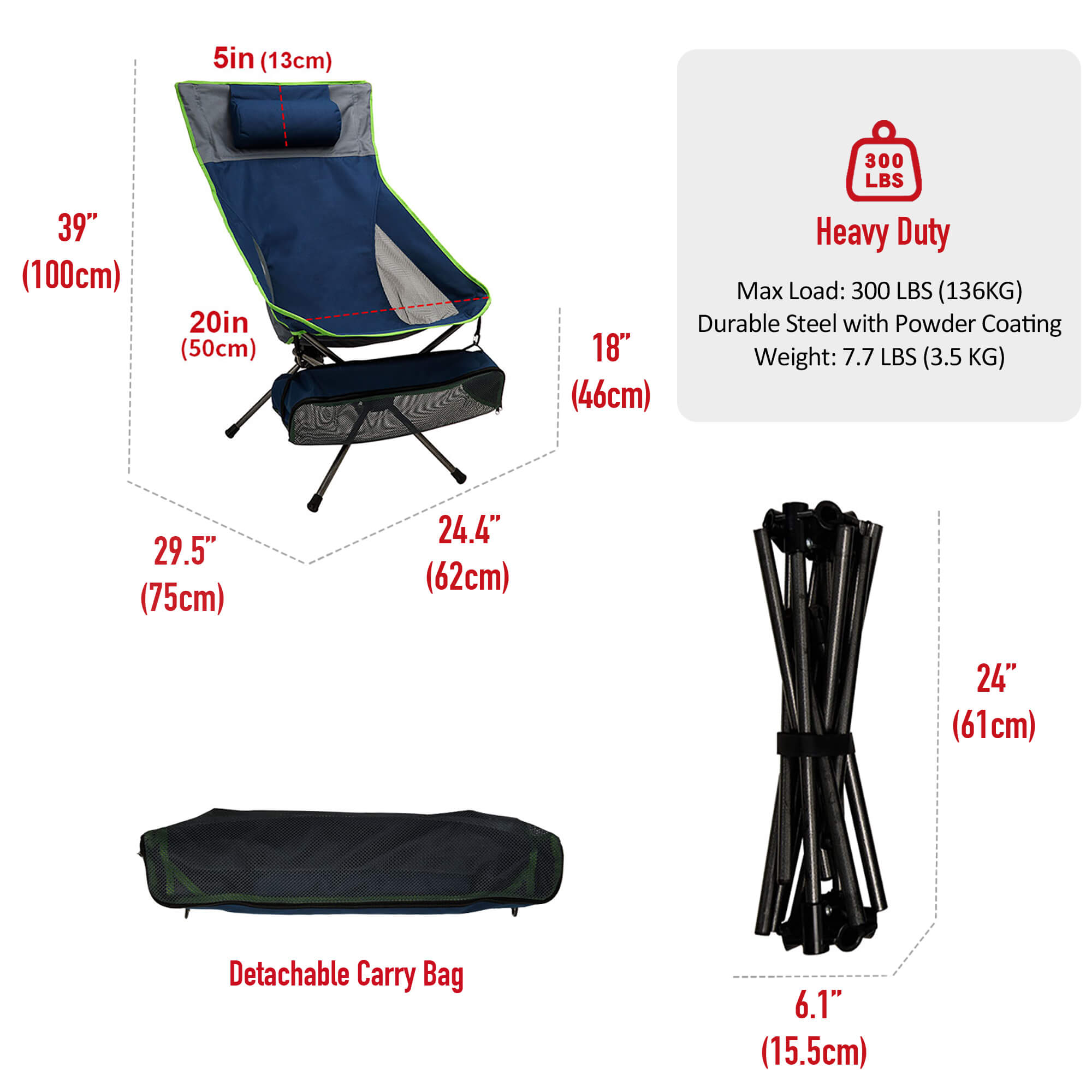 Camping chair with dimensions, weight details, and carrying bag on a white background