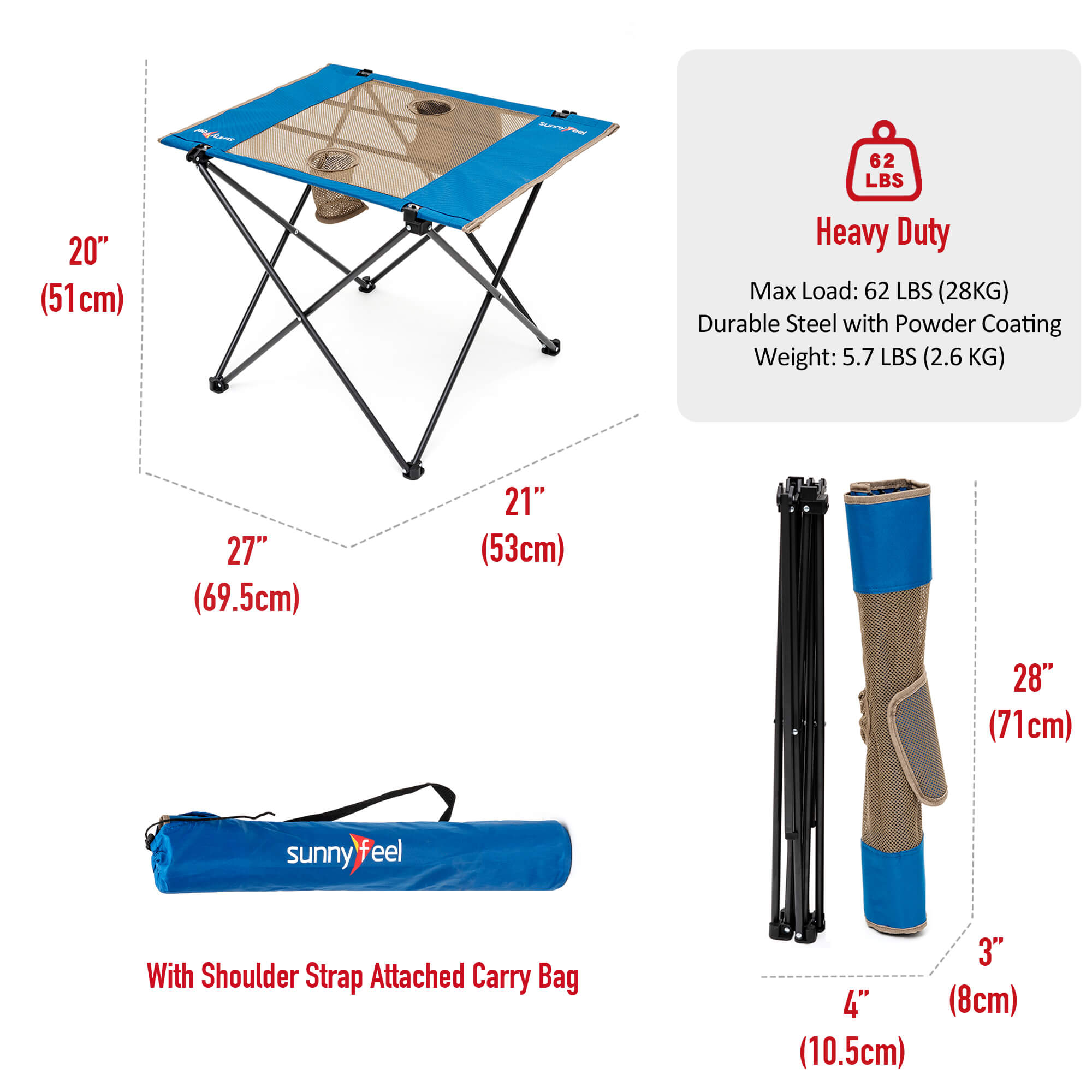 Camping table with measurements and carrying bag on a white background