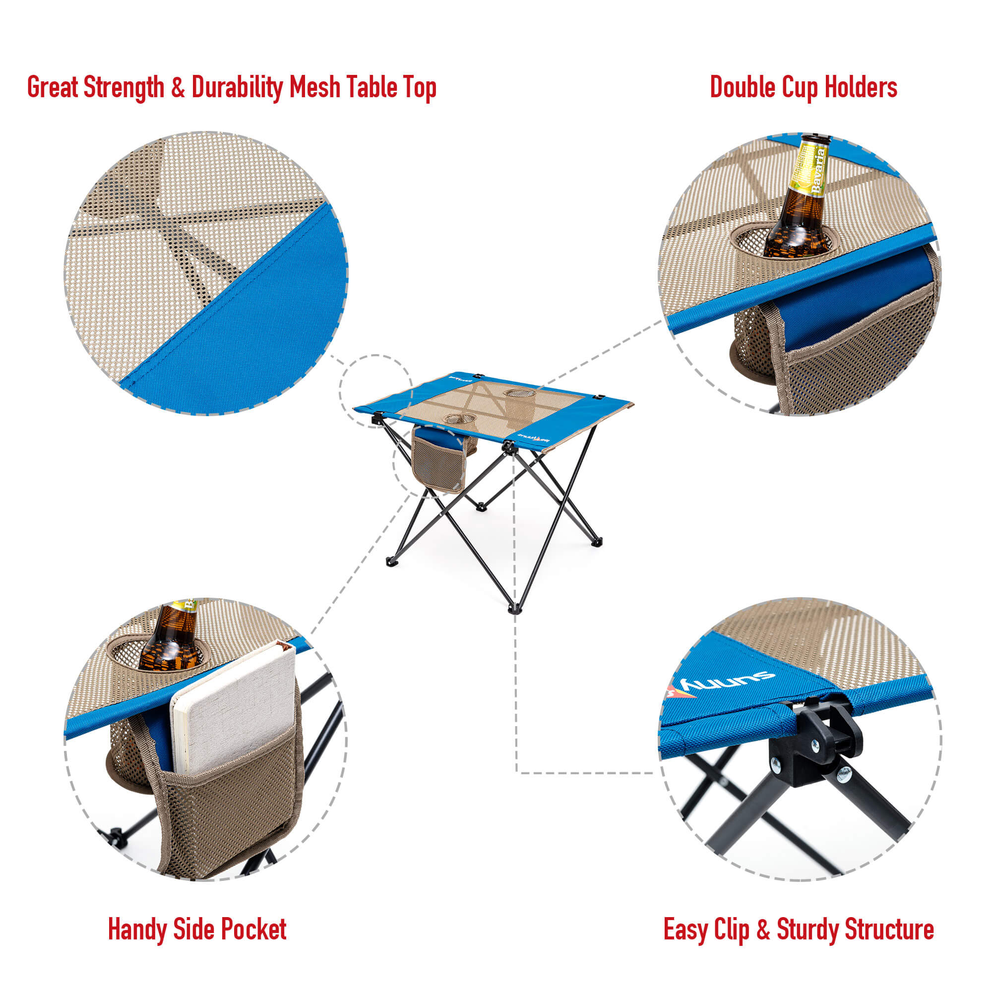 Camping table with mesh top, double cup holders, side pocket, and sturdy structure on a white background.