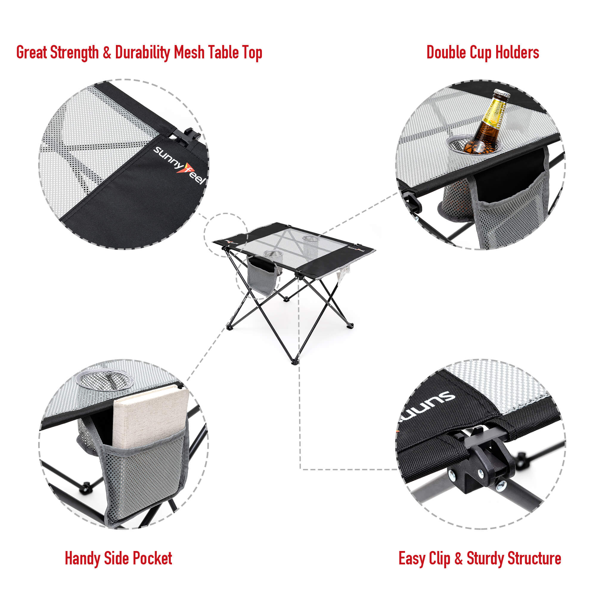 Portable folding table with mesh top, cup holders, side pocket, and sturdy structure on a white background.