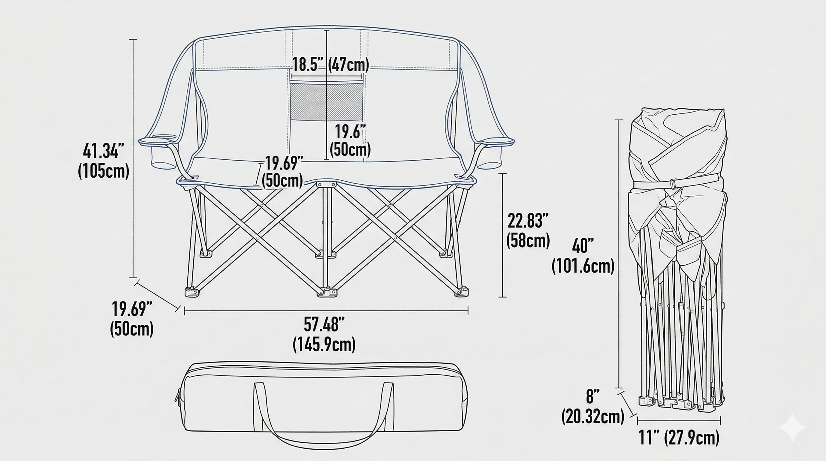 Measurement chart of a folding chair with dimensions labeled