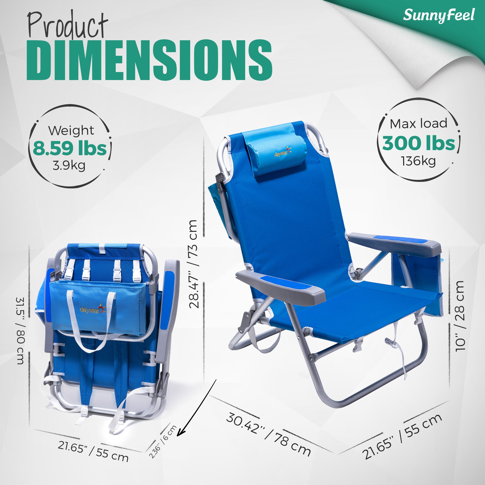 SUNNYFEEL Extra-Wide Low Beach Chair (5-Position Lay Flat)