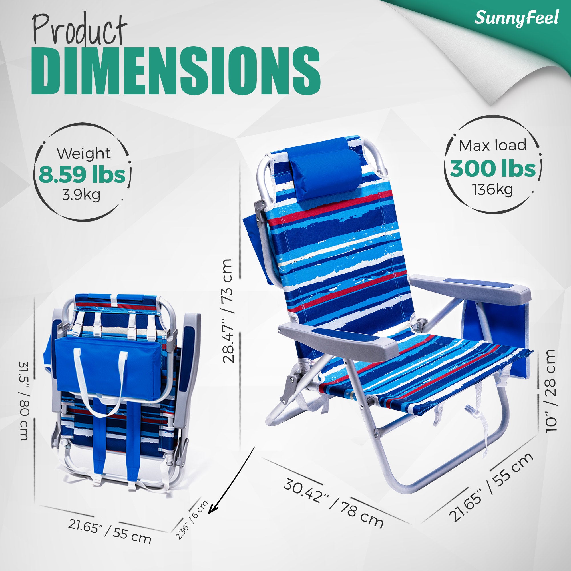 SUNNYFEEL Extra-Wide Low Beach Chair (5-Position Lay Flat)