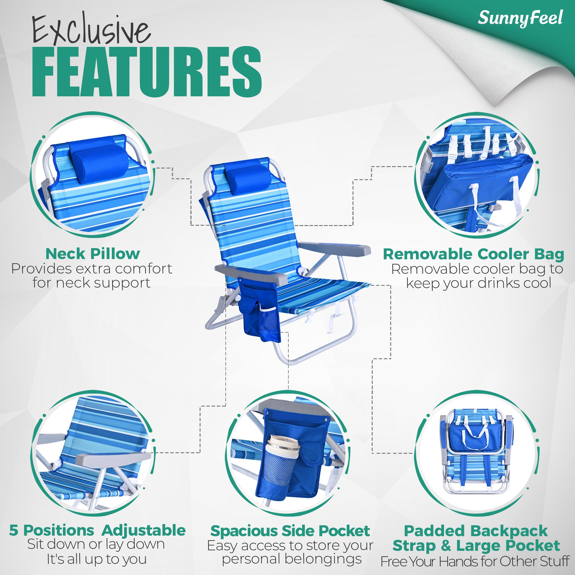 SUNNYFEEL Extra-Wide Low Beach Chair (5-Position Lay Flat)