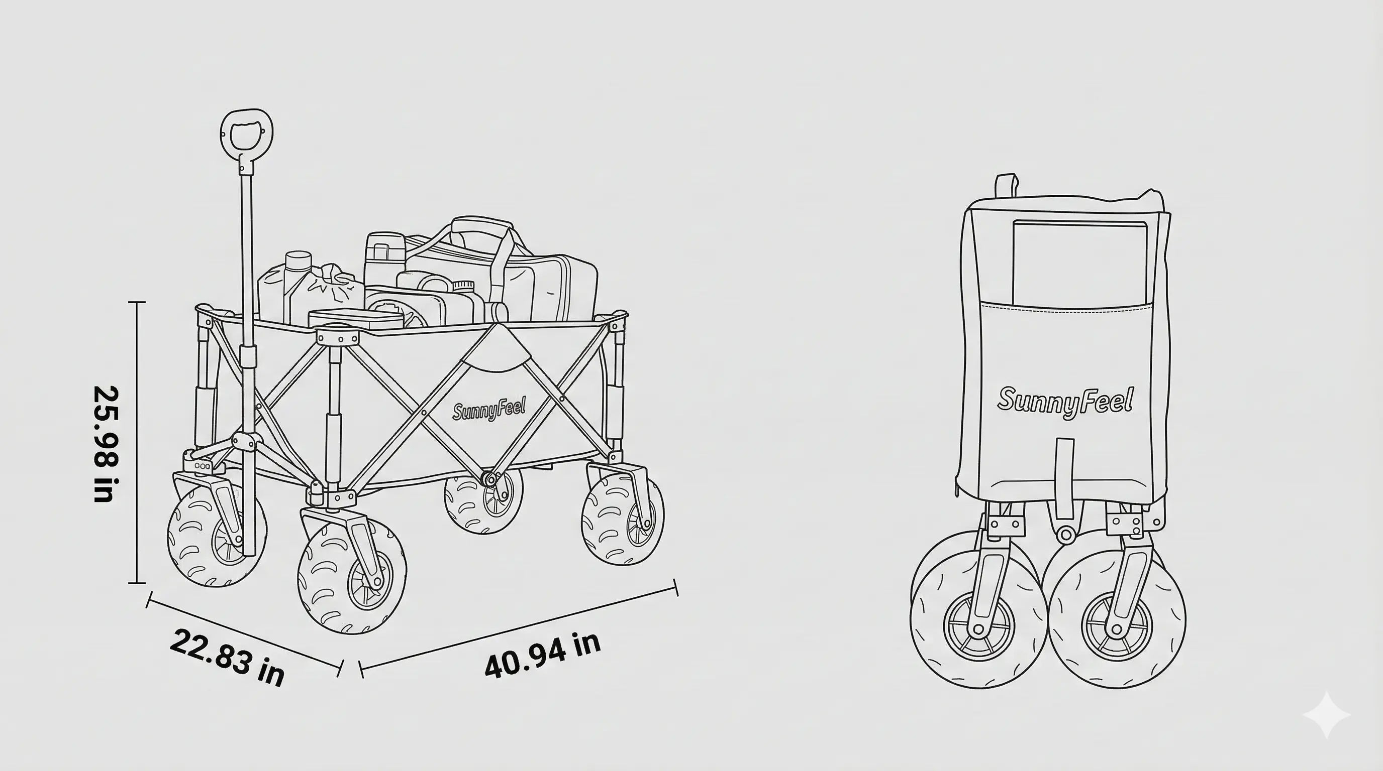 Illustration of a portable cart with dimensions on a gray background