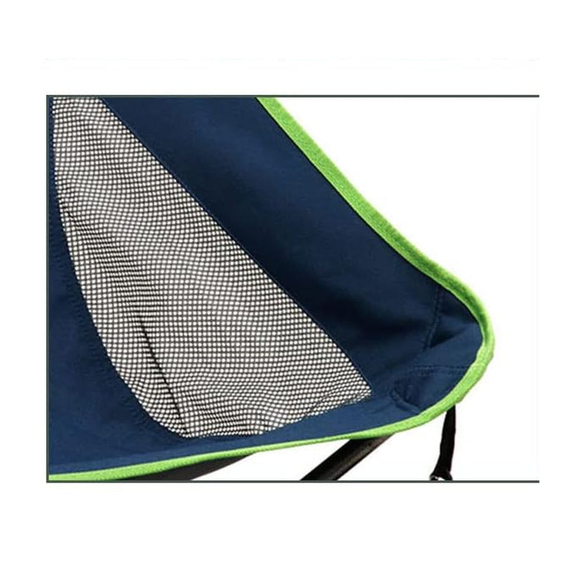 Close-up of a blue and green chair with mesh backrest on a white background