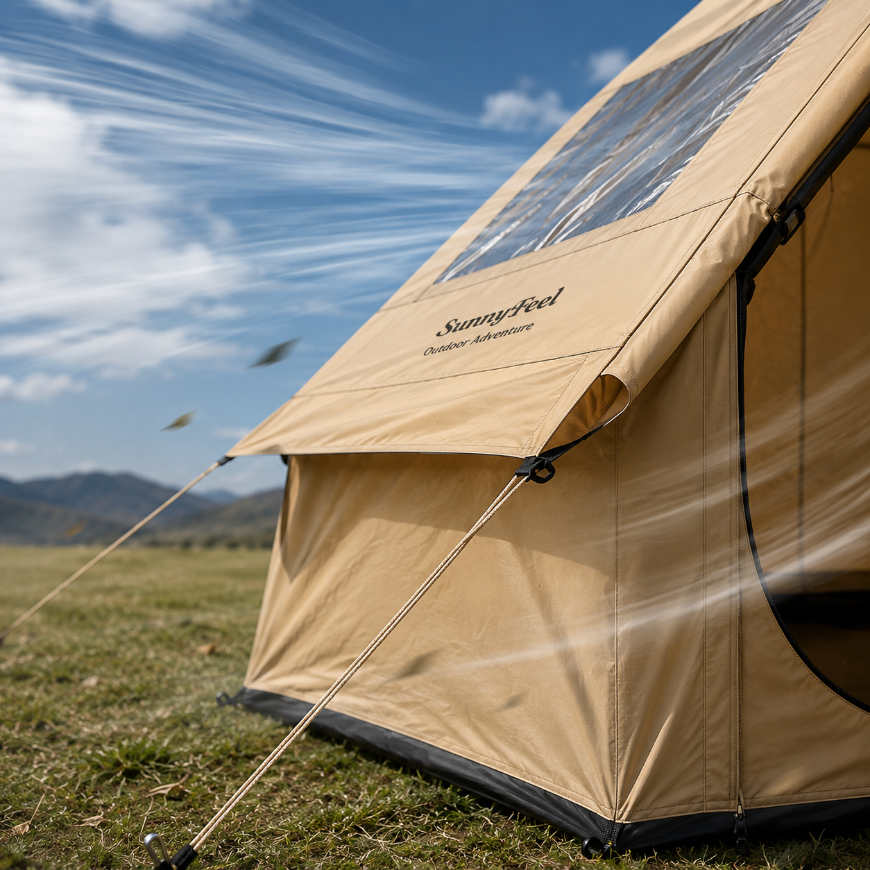 Beige tent with 'Sunnyfeel' branding in a grassy field with mountains in the background