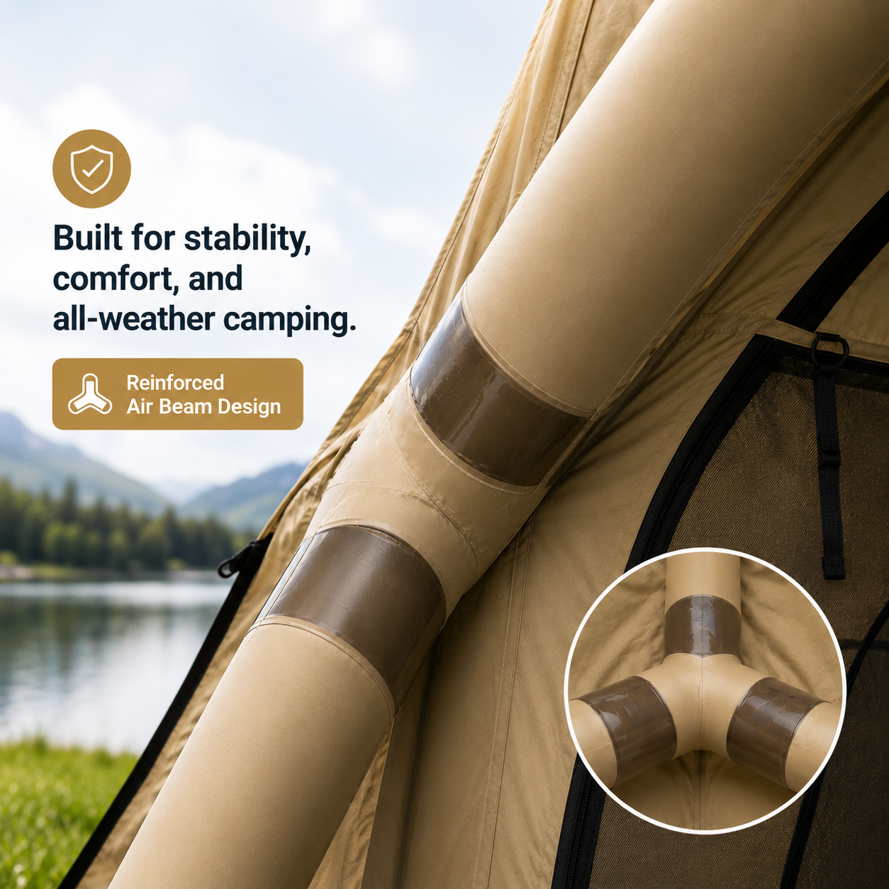Camping tent with reinforced air beam design in a natural setting