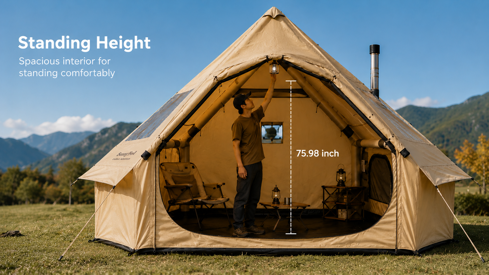 Beige bell tent with standing height measurement in a mountainous landscape