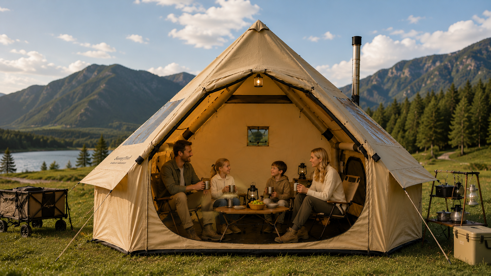Family inside a large beige tent with mountains and trees in the background