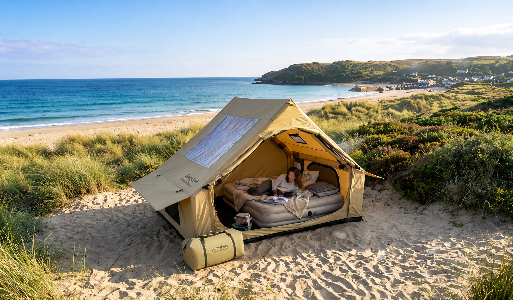 Tent on a sandy beach with ocean view