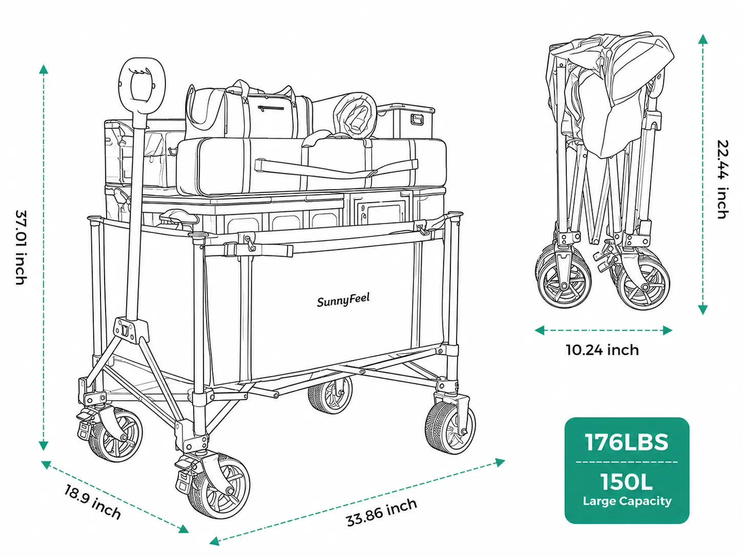 SunnyFeel folding cart with dimensions and capacity details on a white background