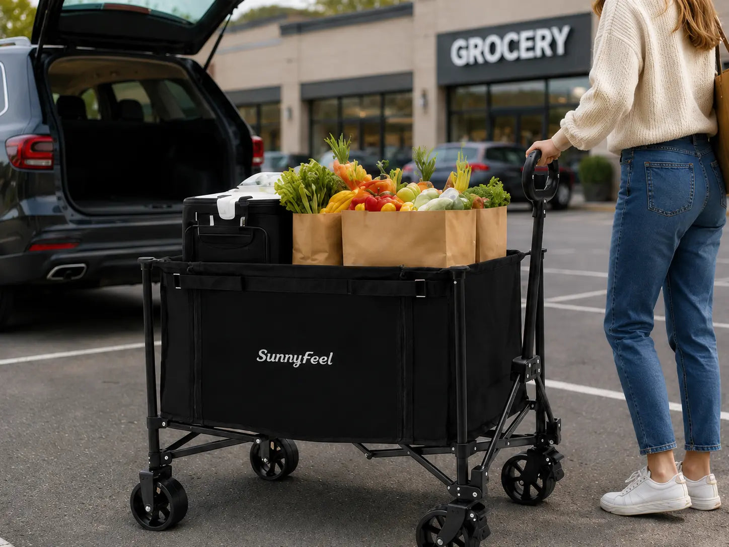 Person pushing a black SunnyFeel cart with groceries in front of a grocery store.