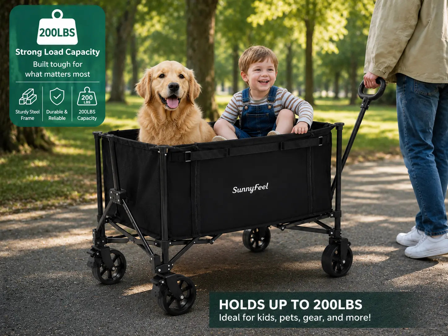 Child and dog in a black wagon with SunnyFeel branding, set against a park background.