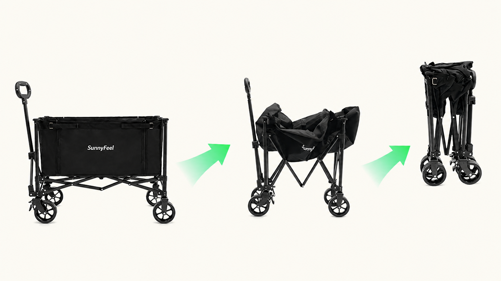 Black folding wagon with adjustable seat and canopy on a white background