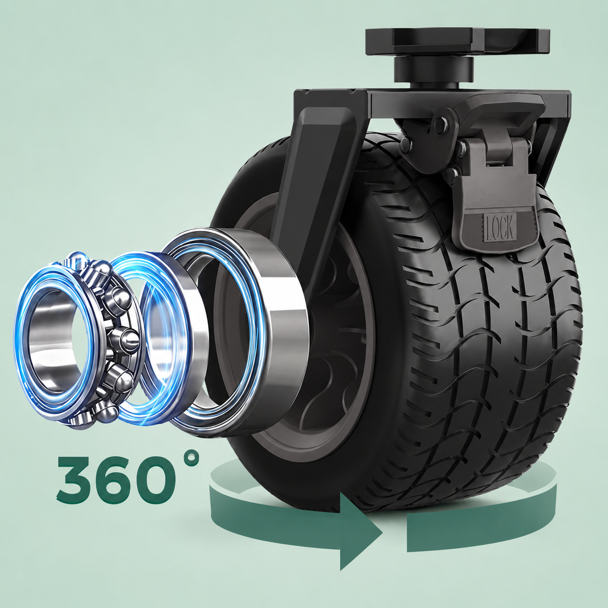360-degree view of a black caster wheel with bearings on a light green background