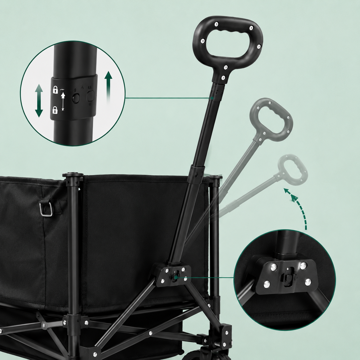 Black folding cart with detailed views of handle and wheel mechanism on a light green background