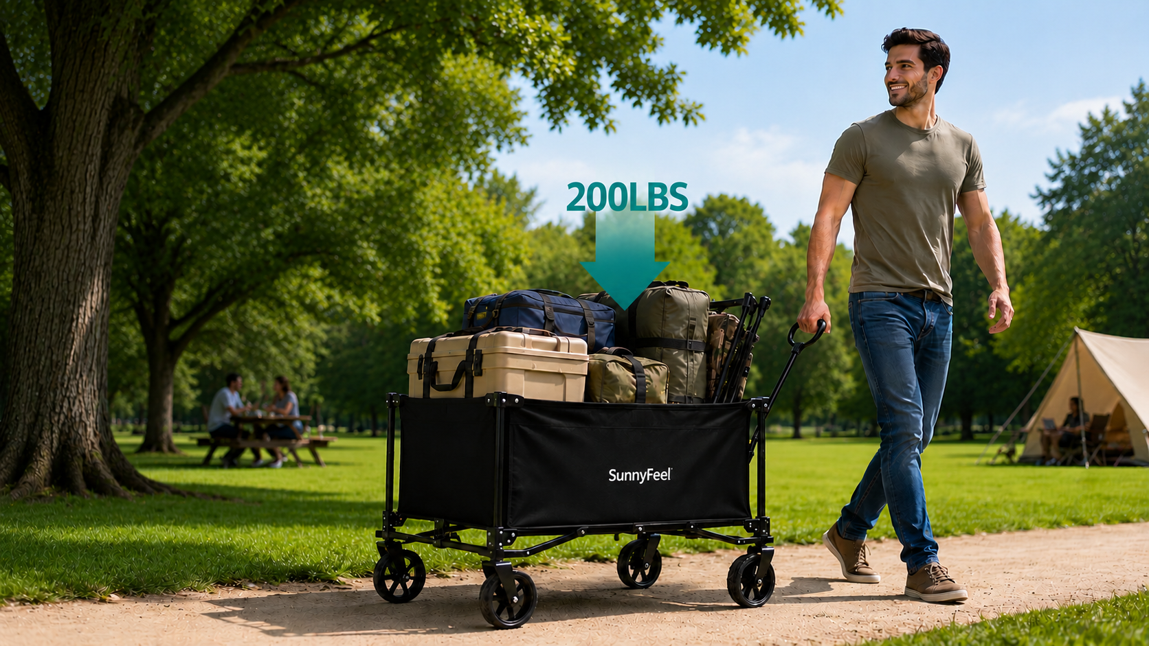 Man pushing a loaded wagon with 'SunnyFeel' branding in a park setting.