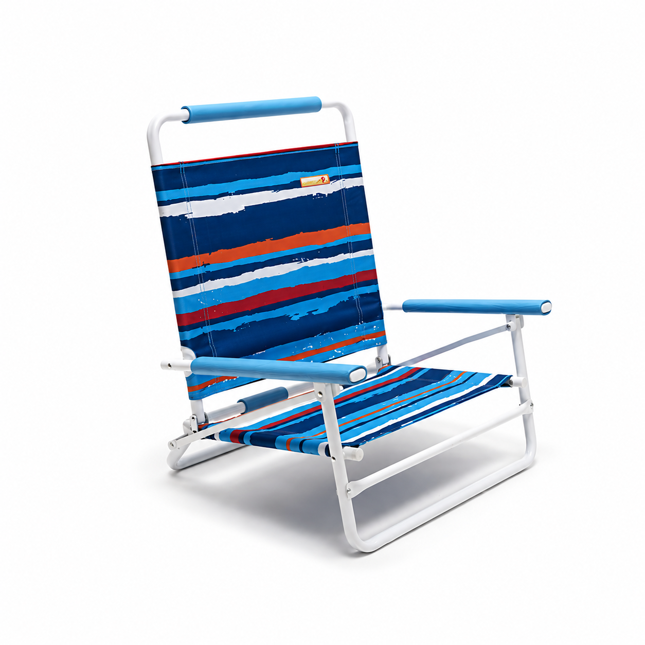 Blue and orange striped beach chair on a white background
