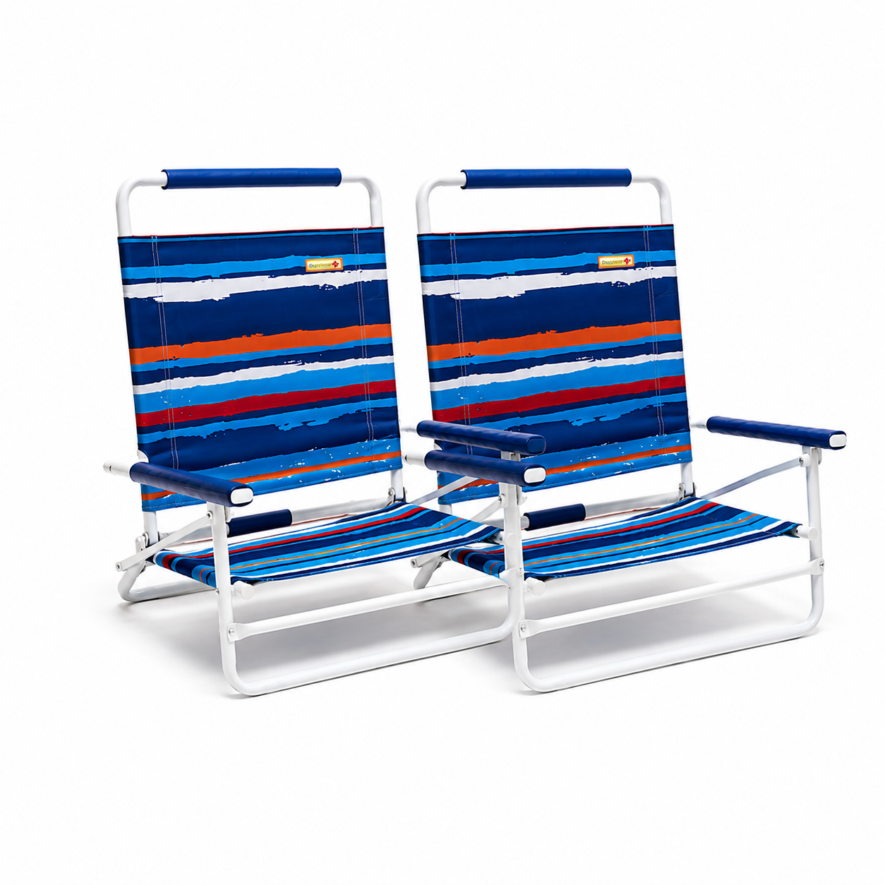 Two blue and red striped beach chairs on a white background