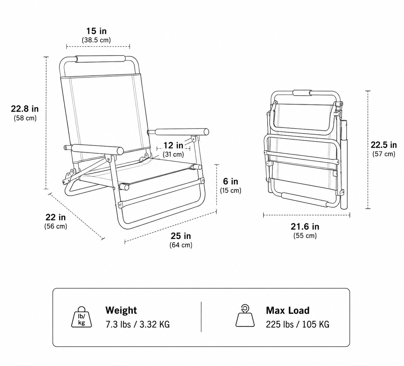 Measurement chart of a folding chair with dimensions and weight/load capacity details.