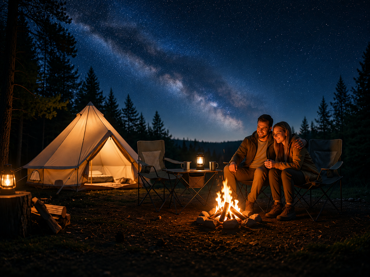 Couple sitting by a campfire under a starry sky with a tent in the background.