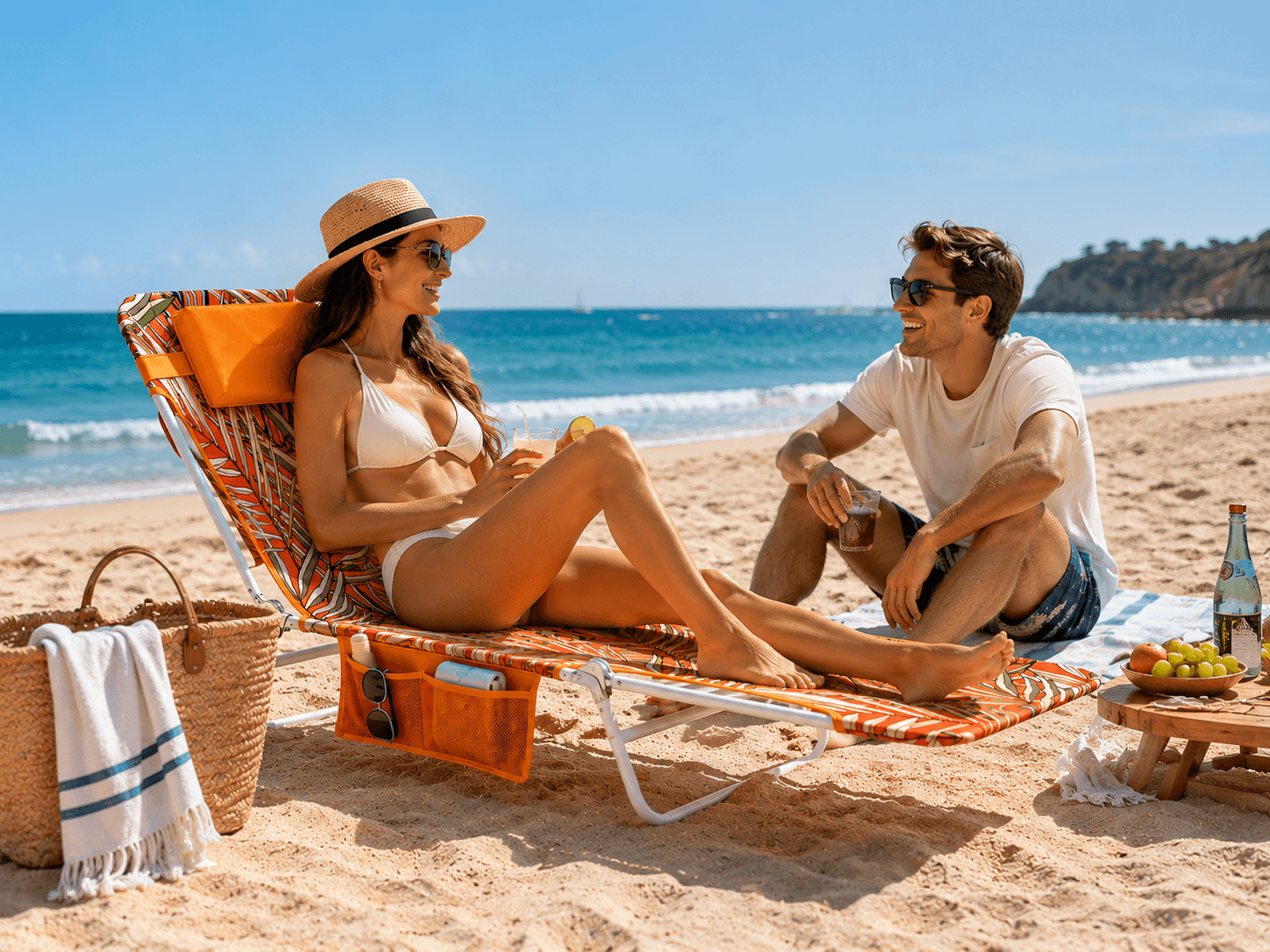 Couple relaxing on a beach with a table and chairs, ocean in the background