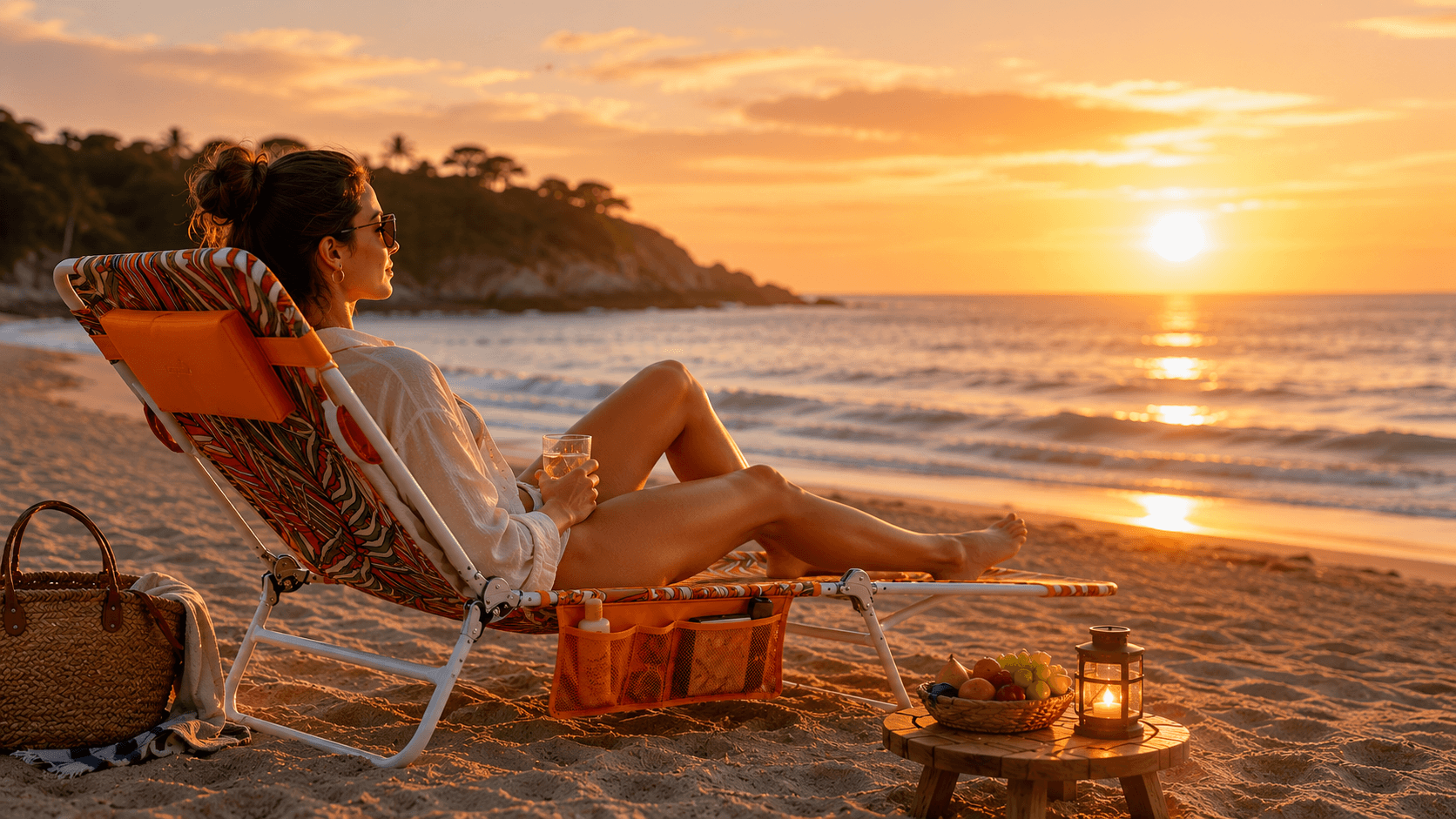 Woman relaxing on a beach chair at sunset with a picnic setup.