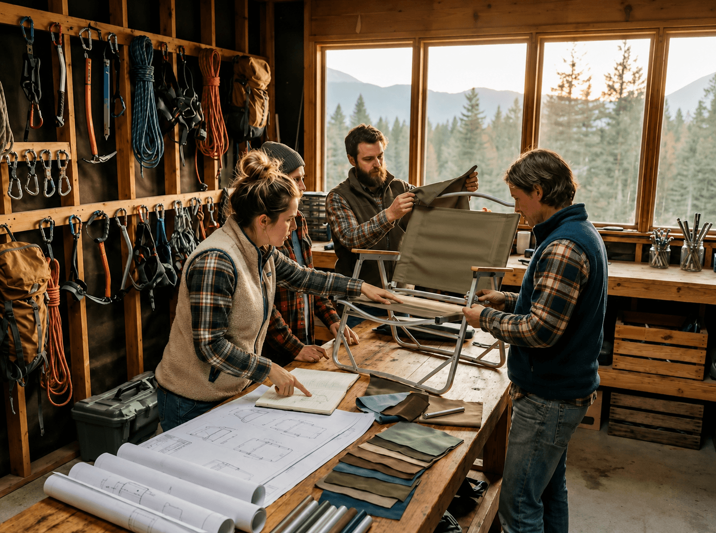 Three people in a workshop with tools and materials, surrounded by large windows showing a mountain view.