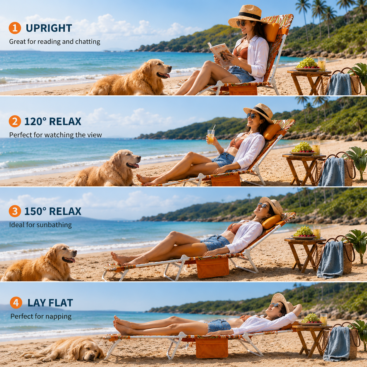 SUNNYFEEL 4-Position Reclining Beach Chair with Pillow