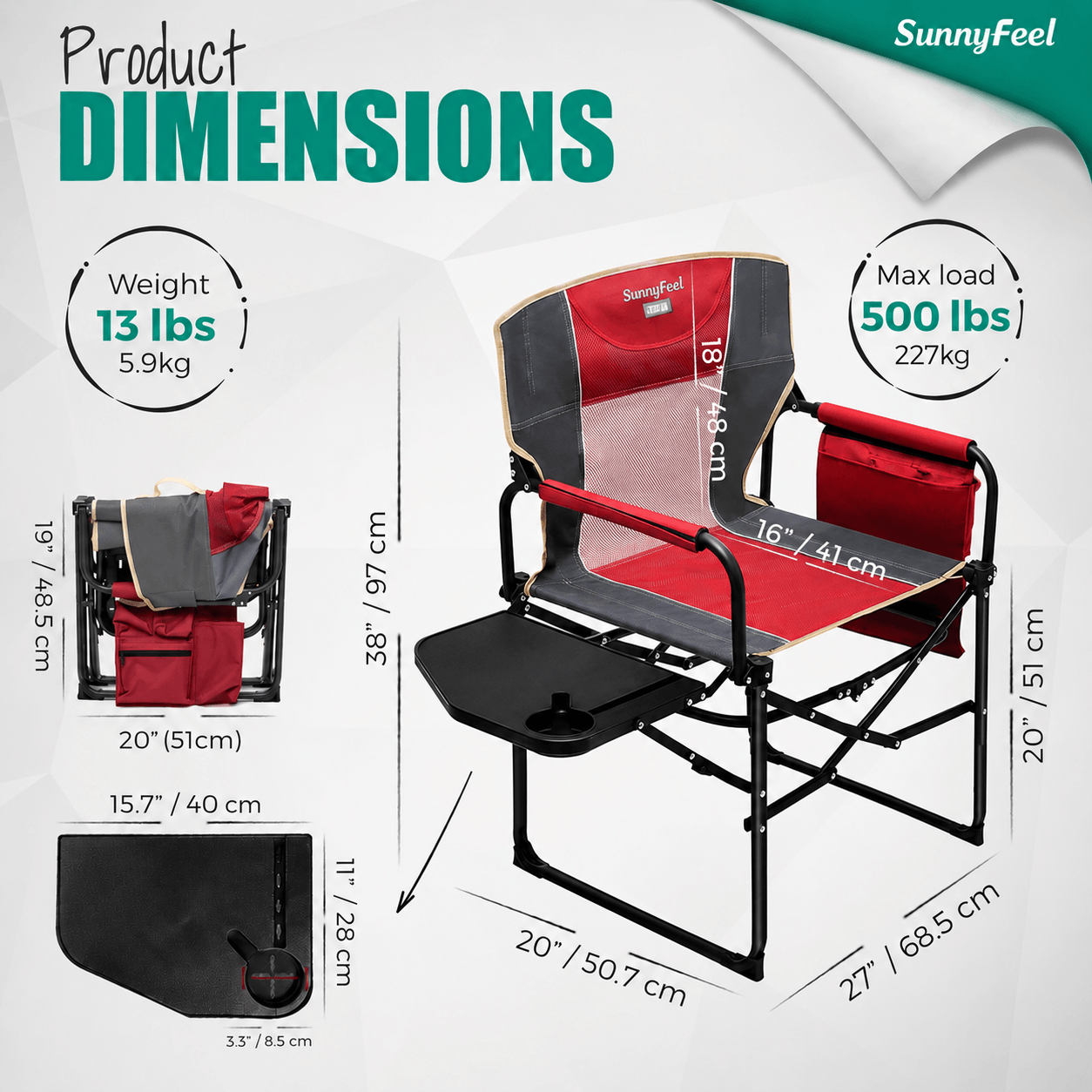 SUNNYFEEL Oversized Double Folding Camping Director Chair with Side Table for Compact Storage