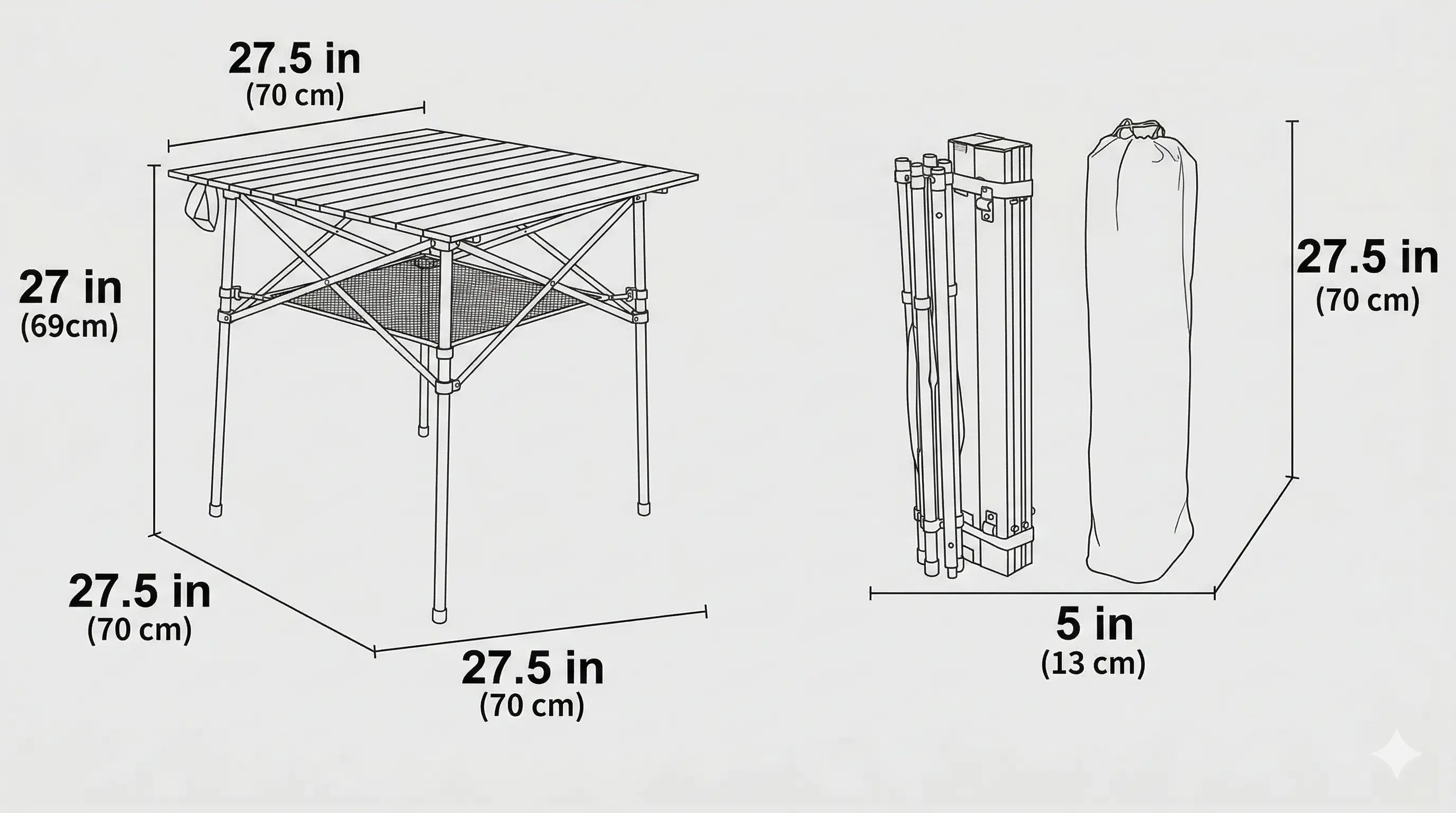Dimensions of a portable folding table with its components on a light gray background