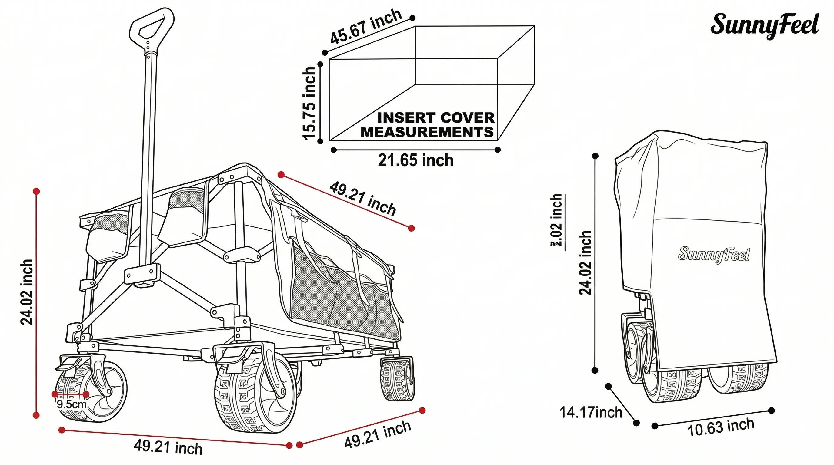 Technical drawing of a SunnyFeel product with dimensions labeled