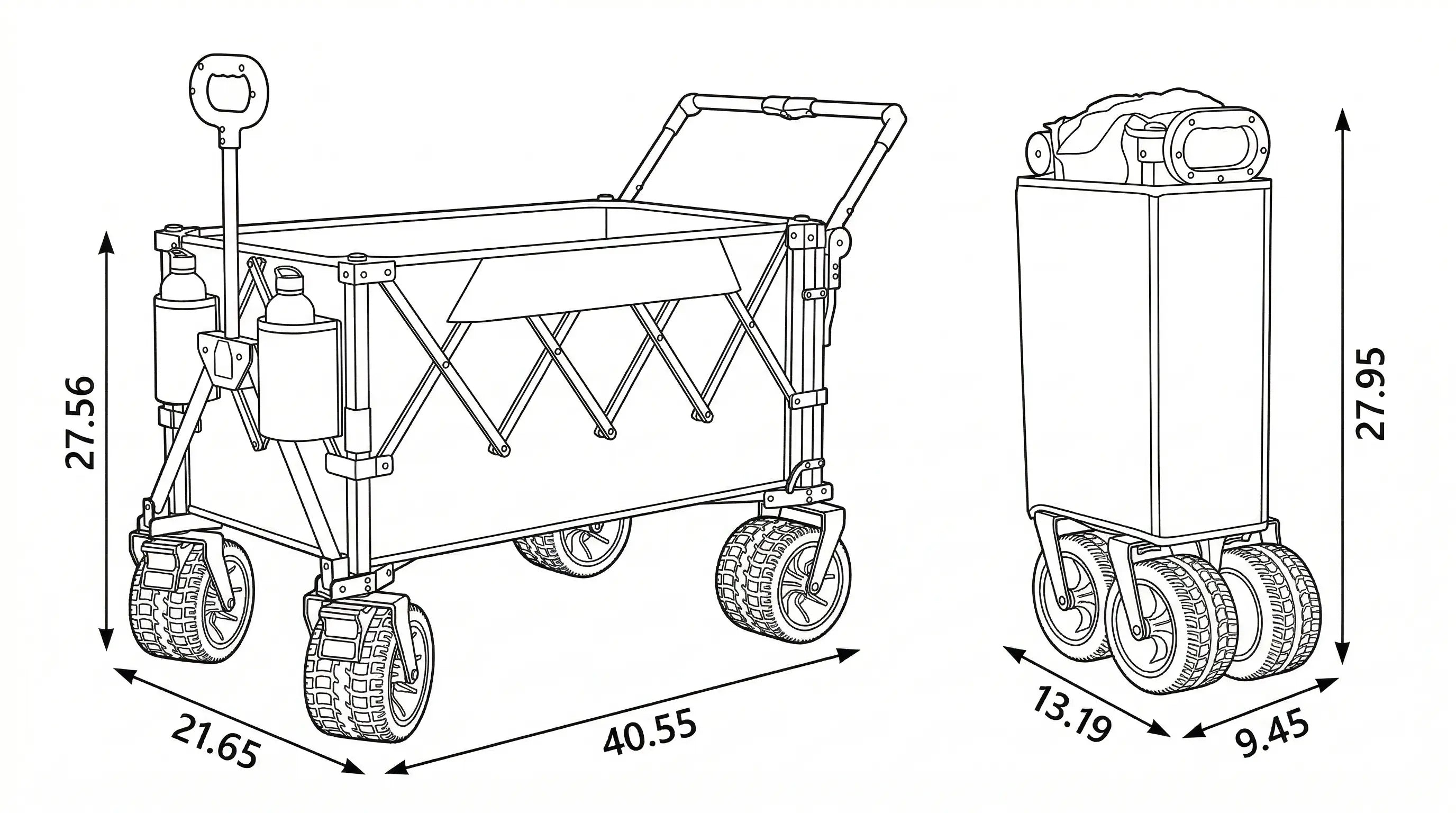 Technical drawing of a folding cart with dimensions labeled