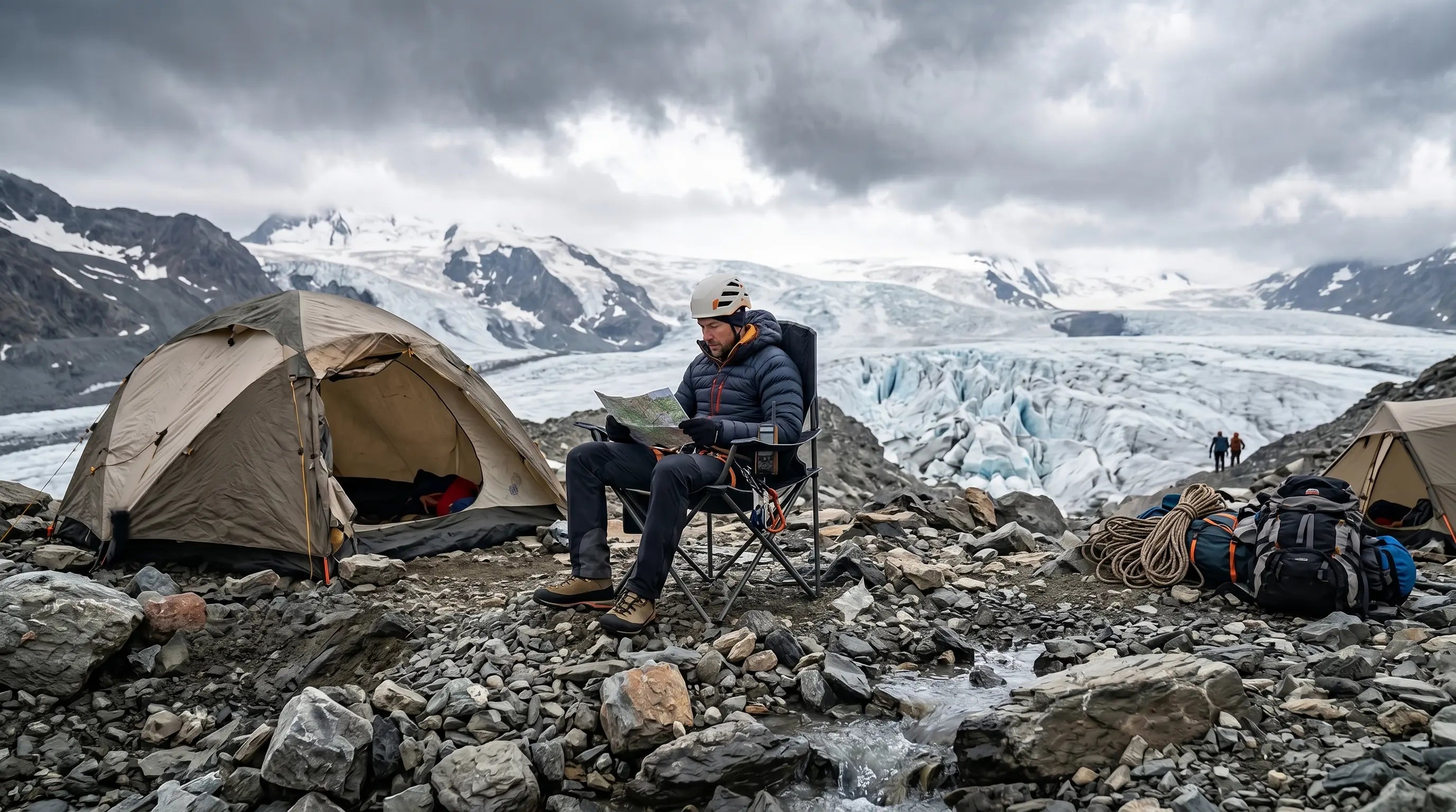 Person camping in a mountainous area with a tent and backpack, overlooking a glacier.