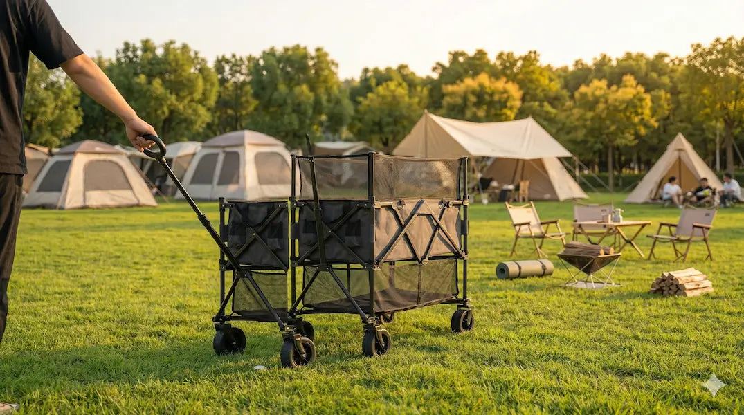 Person pushing a camping cart in a grassy field with tents and campers in the background.