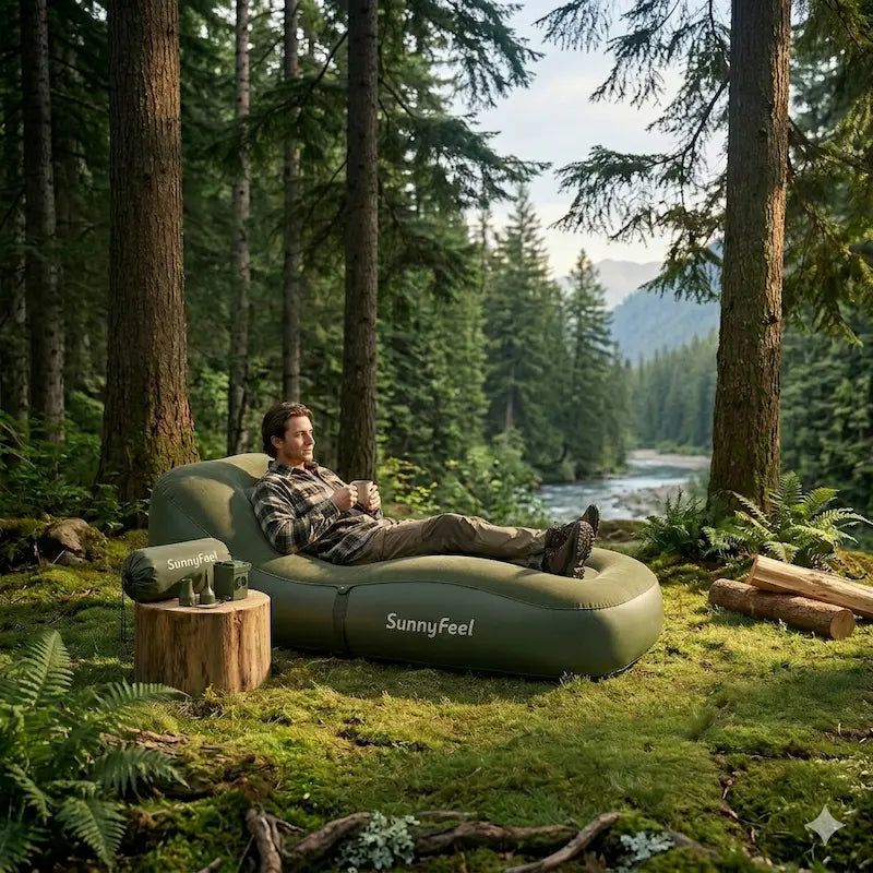 Person relaxing on a SunnyFeel inflatable sofa in a forest setting
