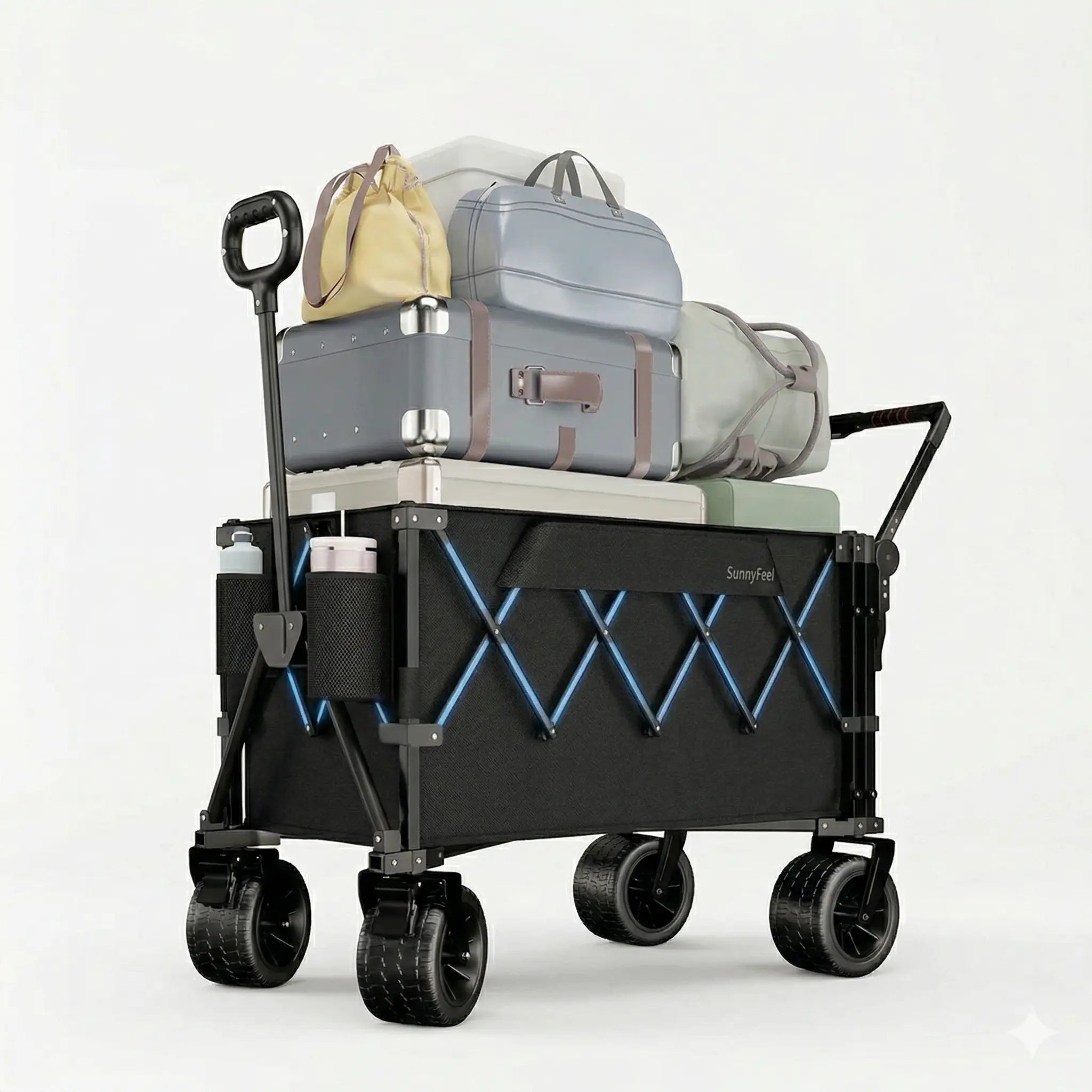 Black and blue folding wagon with suitcases on a white background